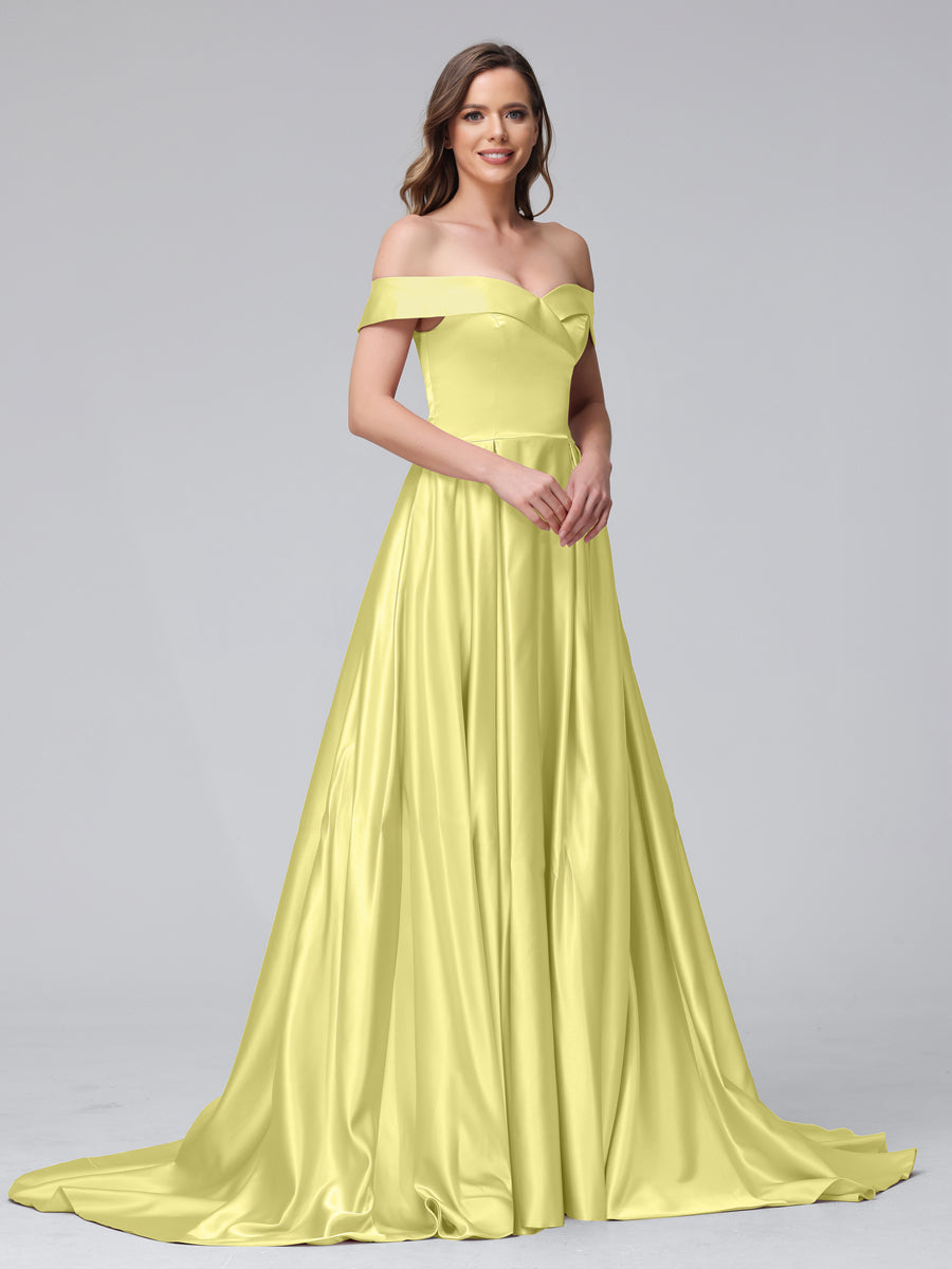 Vestidos de Noite Longos de Cetim com Ombros Largos e Corte A com Laterais Divididas e Bolsos