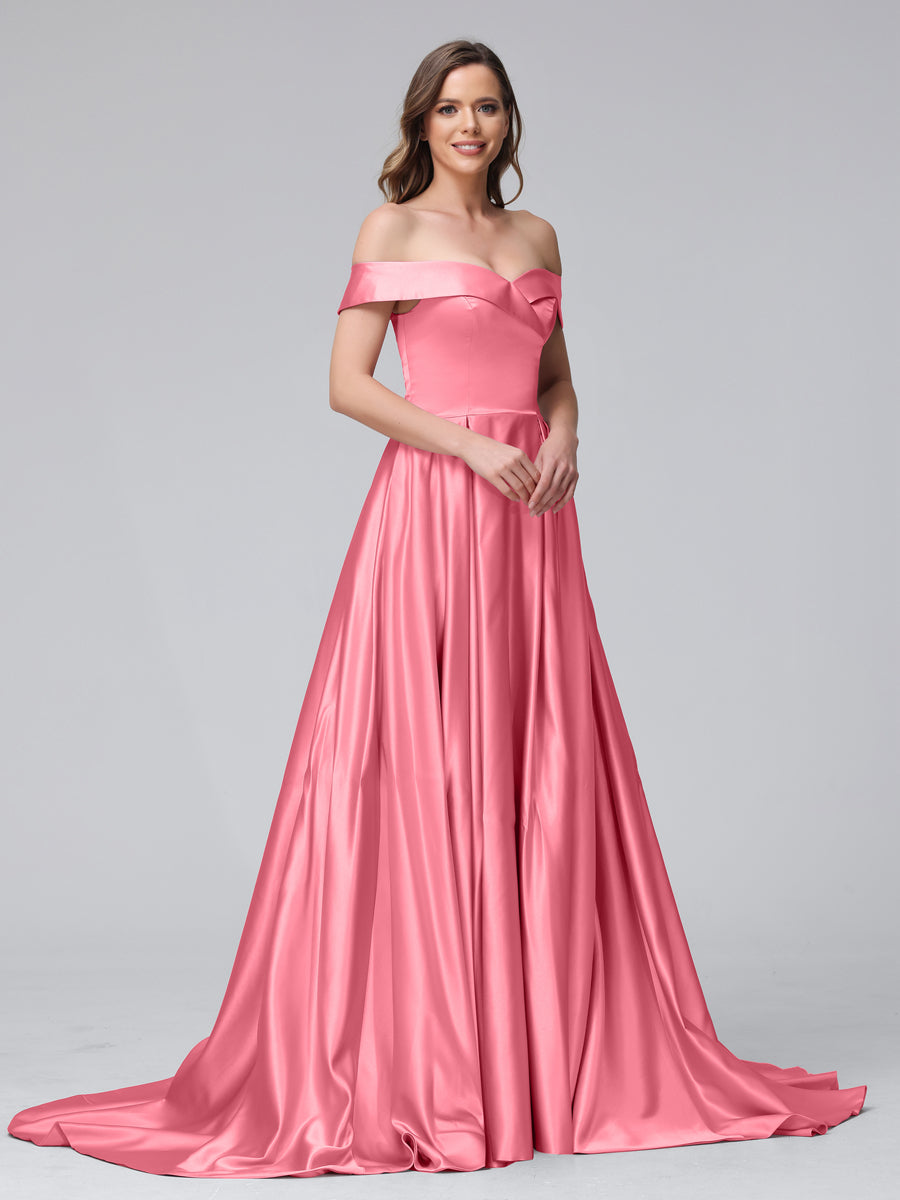 Vestidos de Noite Longos de Cetim com Ombros Largos e Corte A com Laterais Divididas e Bolsos