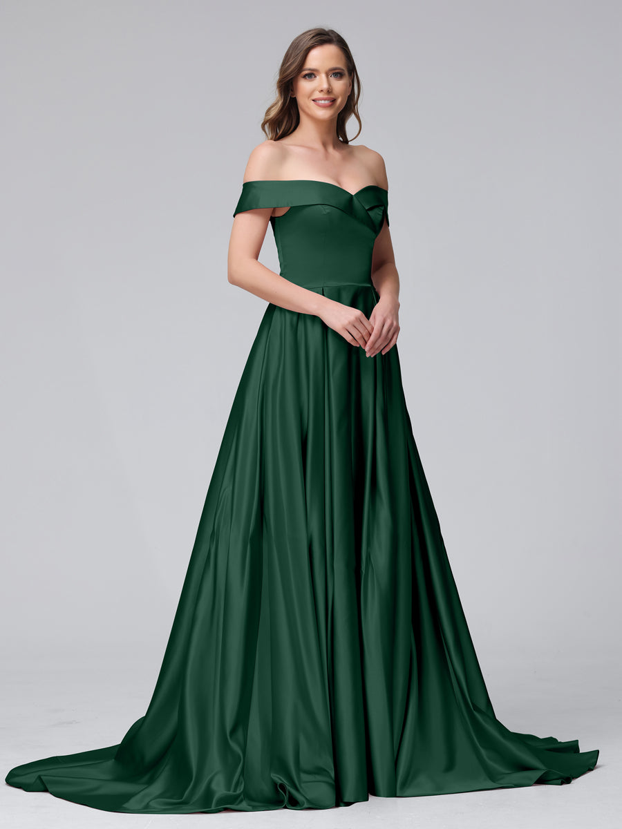 Vestidos de Noite Longos de Cetim com Ombros Largos e Corte A com Laterais Divididas e Bolsos