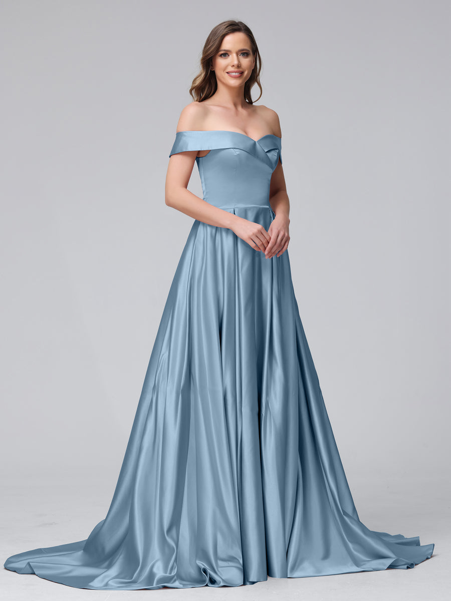 Vestidos de Noite Longos de Cetim com Ombros Largos e Corte A com Laterais Divididas e Bolsos