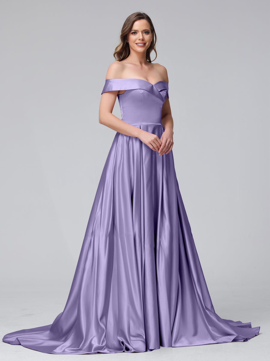 Vestidos de Noite Longos de Cetim com Ombros Largos e Corte A com Laterais Divididas e Bolsos