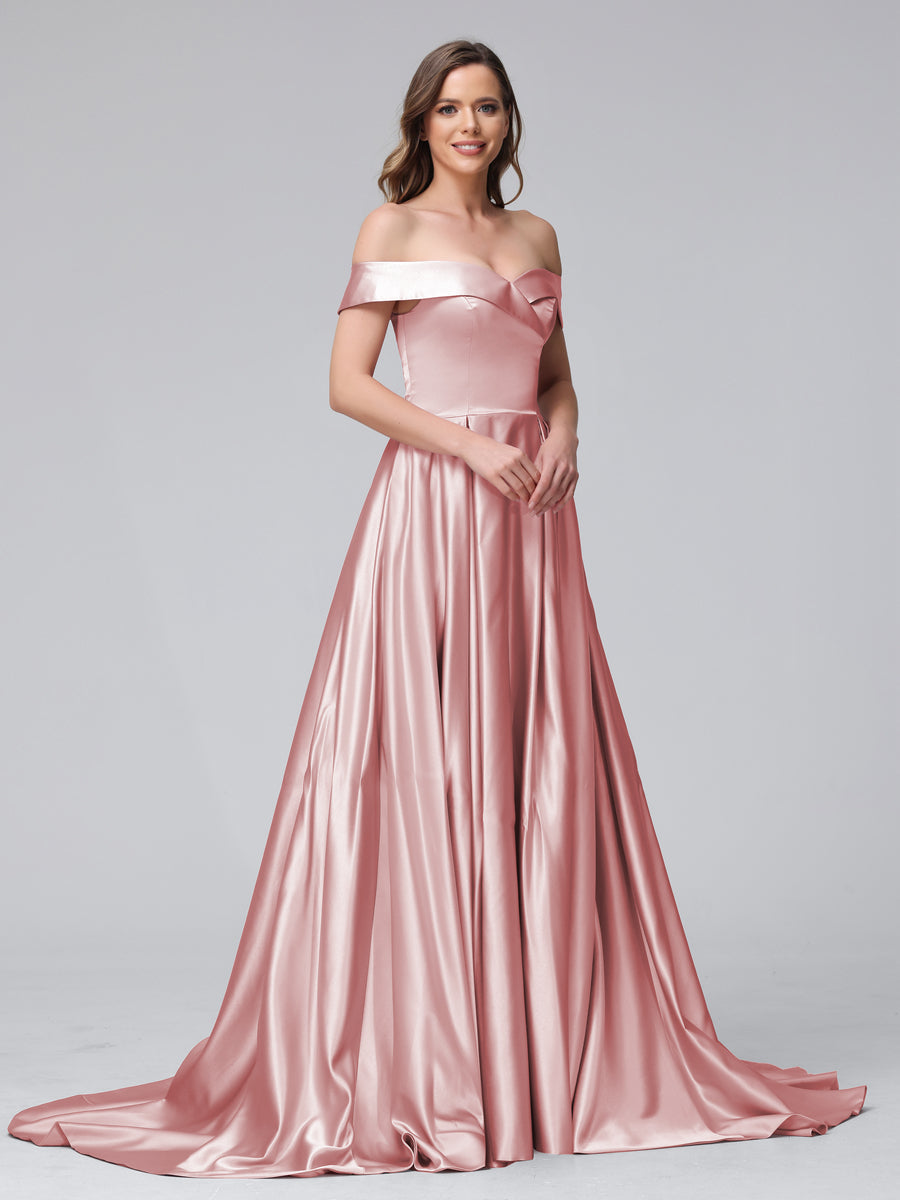 Vestidos de Noite Longos de Cetim com Ombros Largos e Corte A com Laterais Divididas e Bolsos
