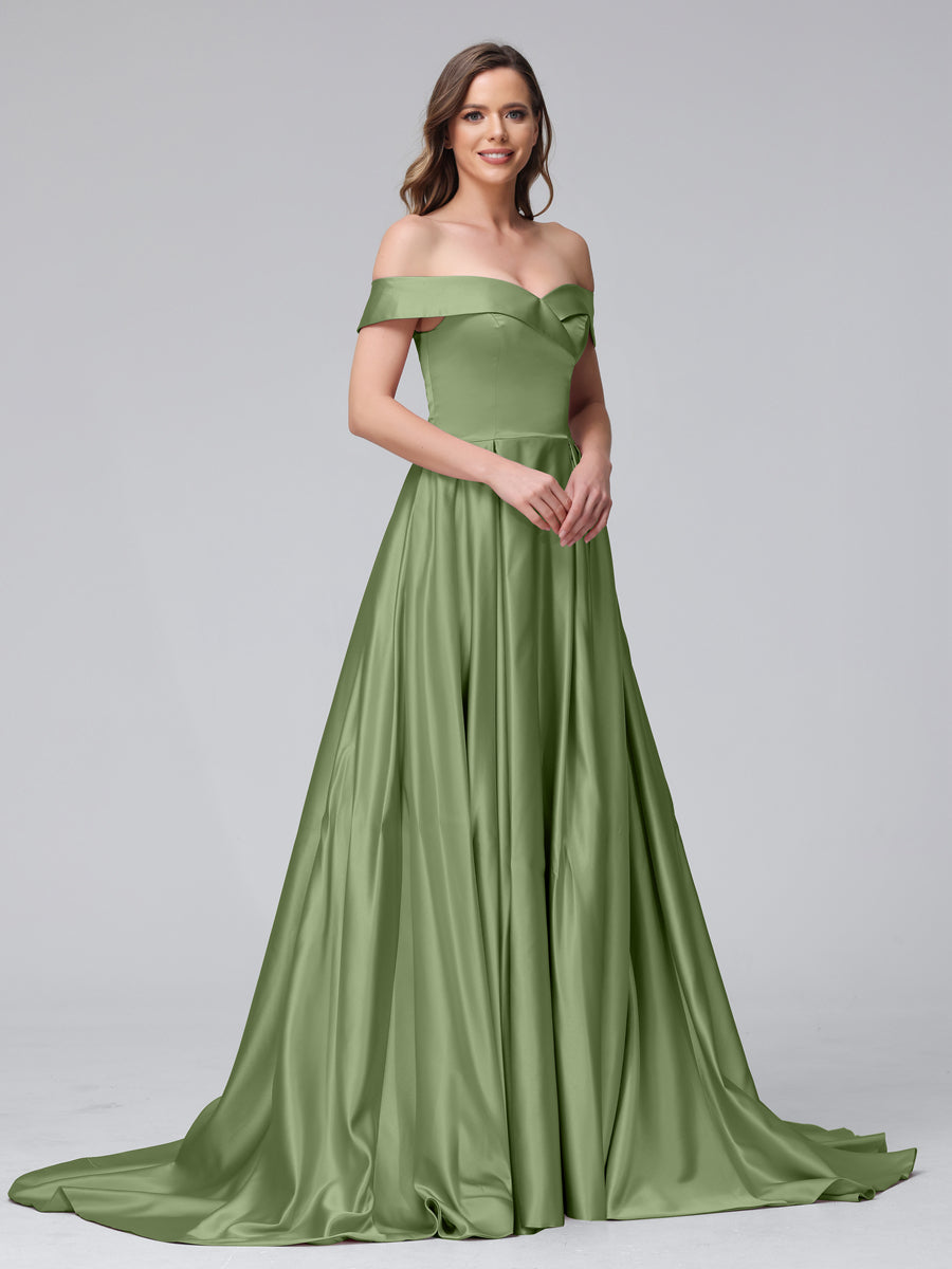 Vestidos de Noite Longos de Cetim com Ombros Largos e Corte A com Laterais Divididas e Bolsos