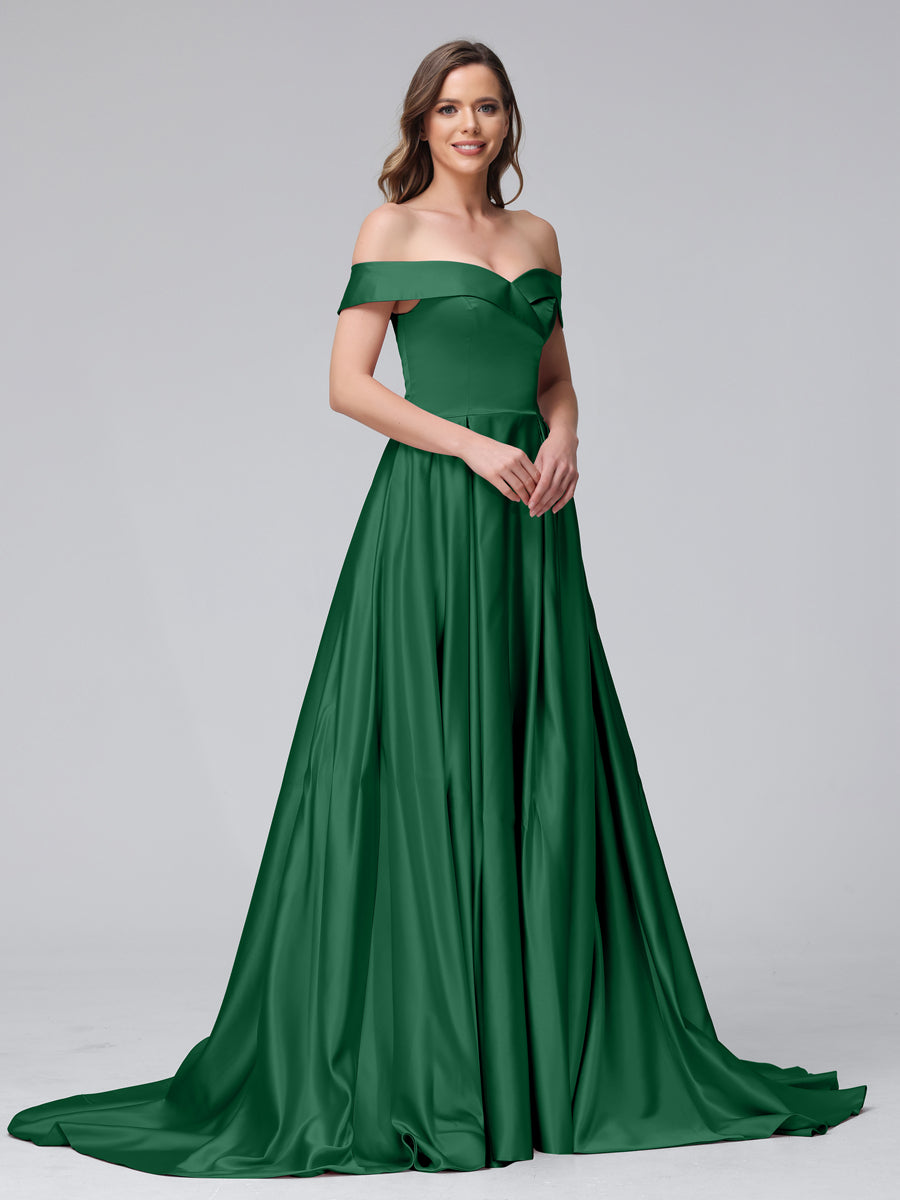 Vestidos de Noite Longos de Cetim com Ombros Largos e Corte A com Laterais Divididas e Bolsos