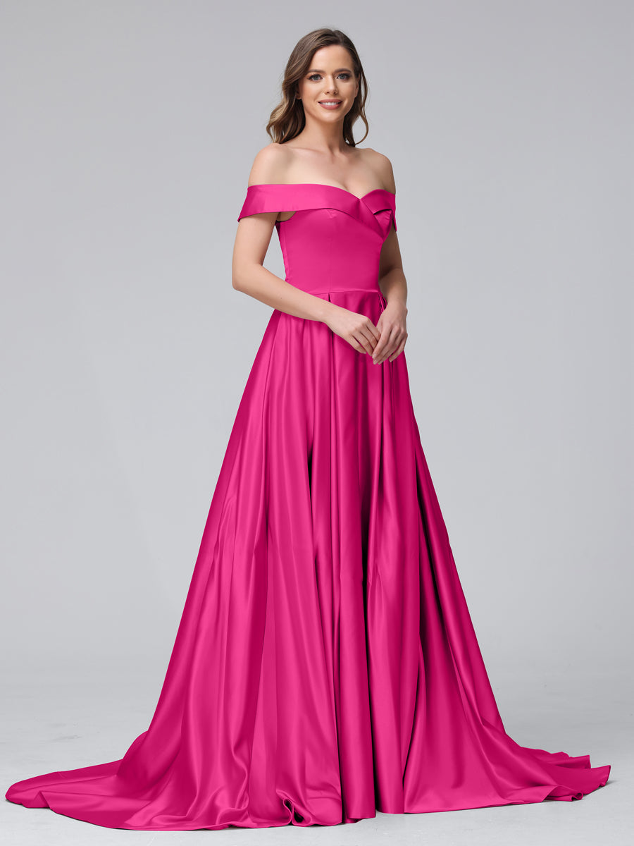 Vestidos de Noite Longos de Cetim com Ombros Largos e Corte A com Laterais Divididas e Bolsos