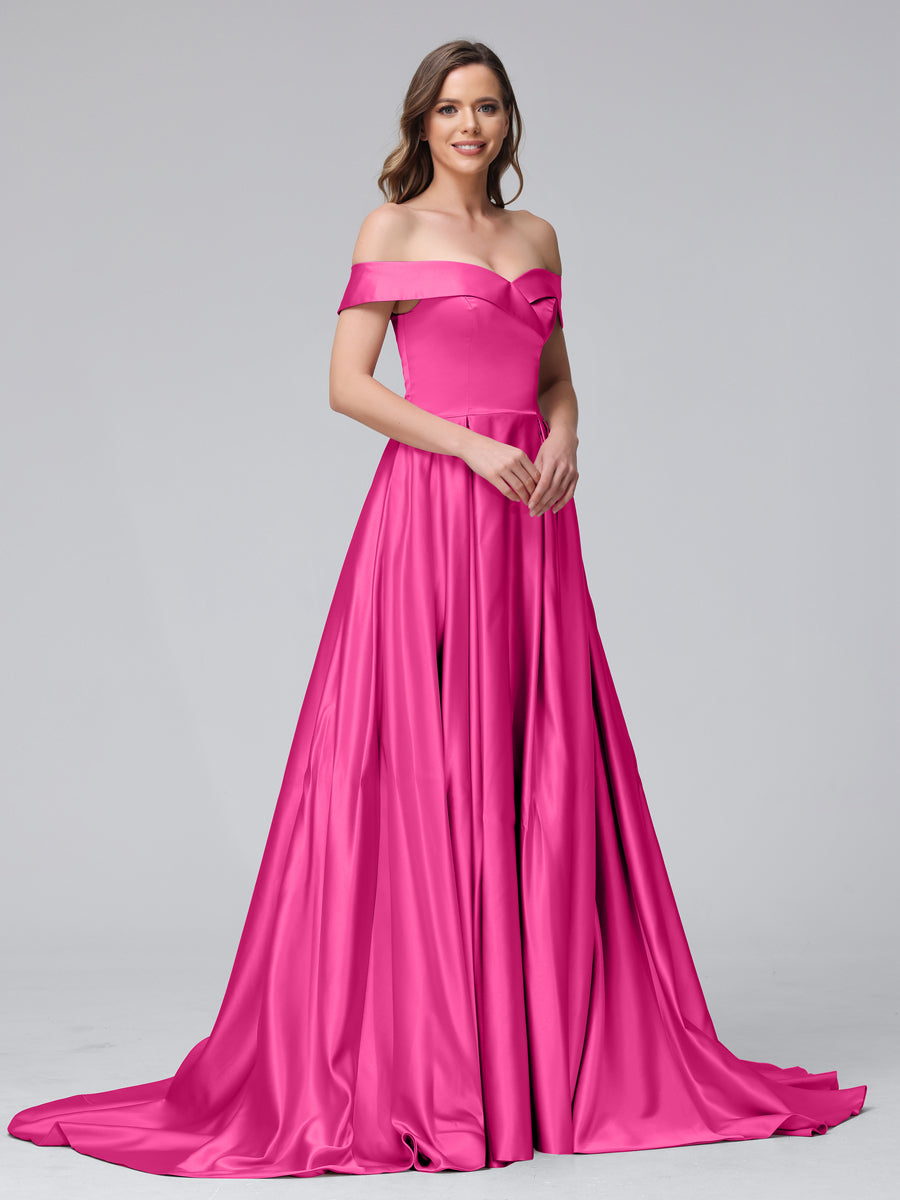 Vestidos de Noite Longos de Cetim com Ombros Largos e Corte A com Laterais Divididas e Bolsos