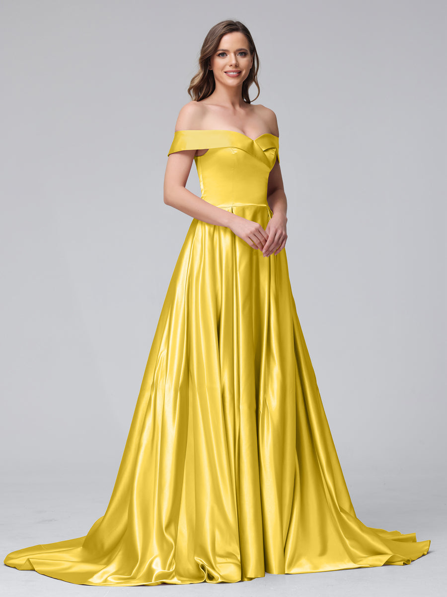 Vestidos de Noite Longos de Cetim com Ombros Largos e Corte A com Laterais Divididas e Bolsos