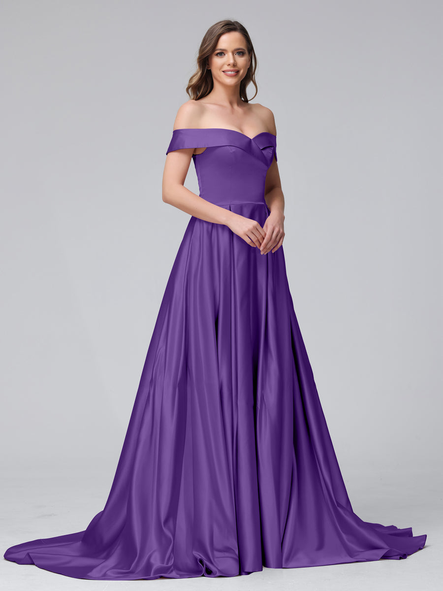 Vestidos de Noite Longos de Cetim com Ombros Largos e Corte A com Laterais Divididas e Bolsos