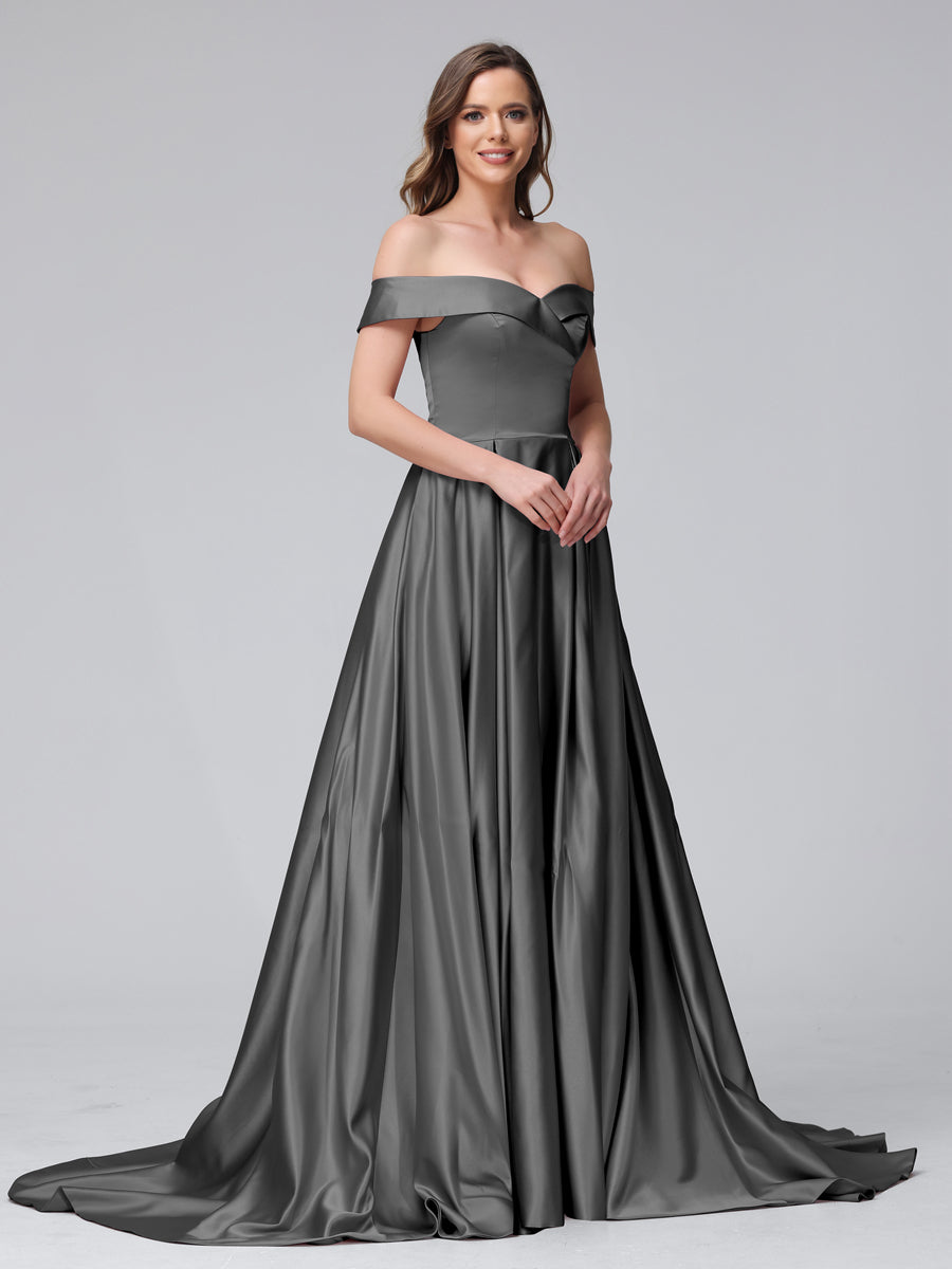 Vestidos de Noite Longos de Cetim com Ombros Largos e Corte A com Laterais Divididas e Bolsos