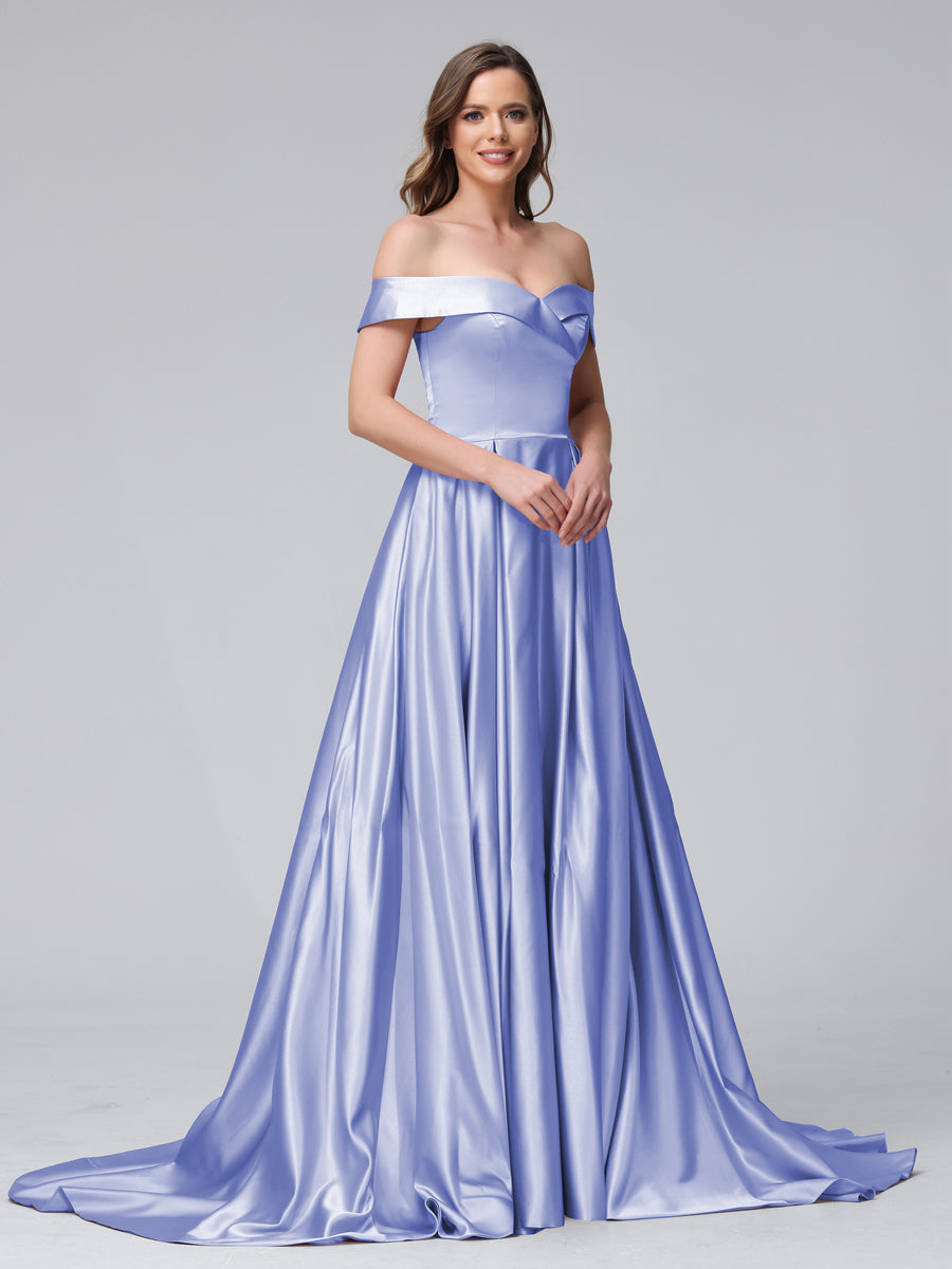 Vestidos de Noite Longos de Cetim com Ombros Largos e Corte A com Laterais Divididas e Bolsos