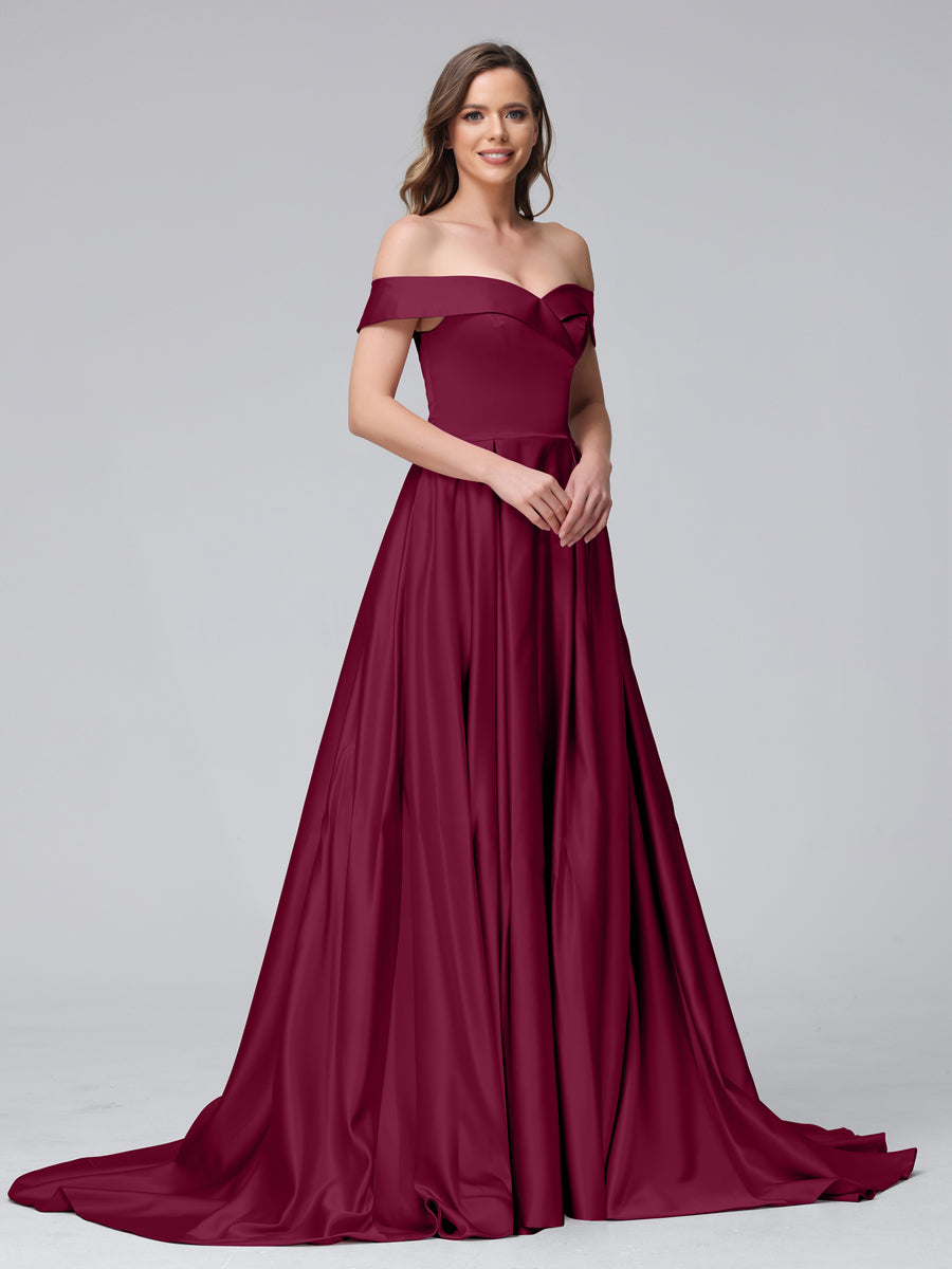 Vestidos de Noite Longos de Cetim com Ombros Largos e Corte A com Laterais Divididas e Bolsos