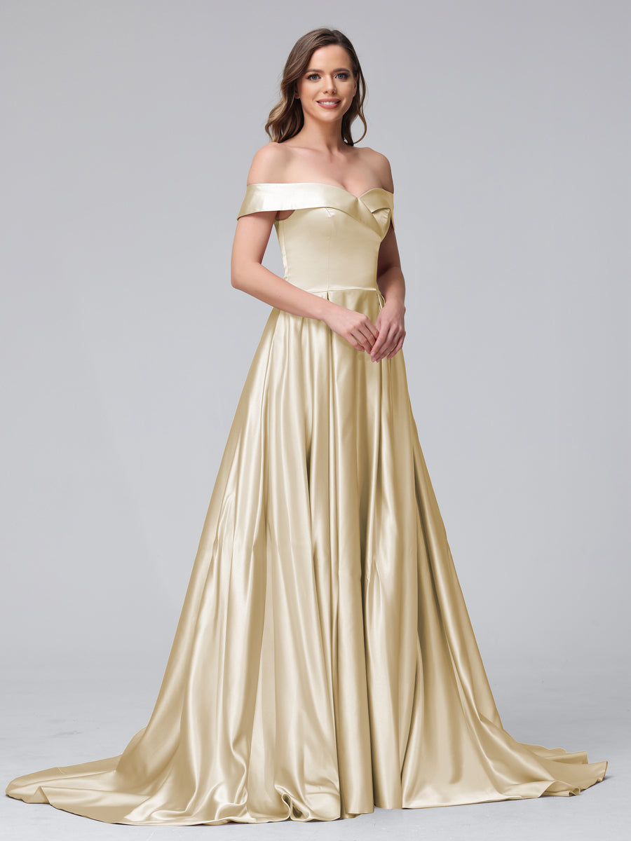 Vestidos de Noite Longos de Cetim com Ombros Largos e Corte A com Laterais Divididas e Bolsos