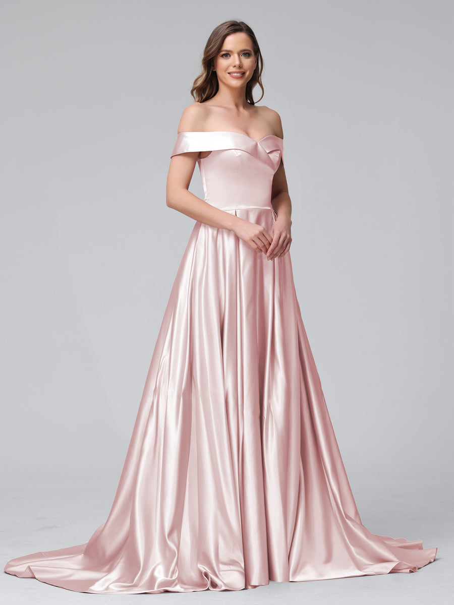 Vestidos de Noite Longos de Cetim com Ombros Largos e Corte A com Laterais Divididas e Bolsos