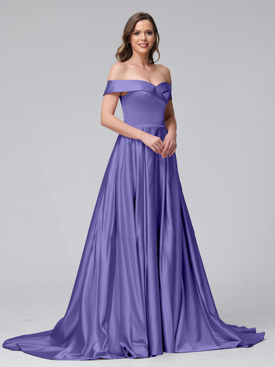 Vestidos de Noite Longos de Cetim com Ombros Largos e Corte A com Laterais Divididas e Bolsos