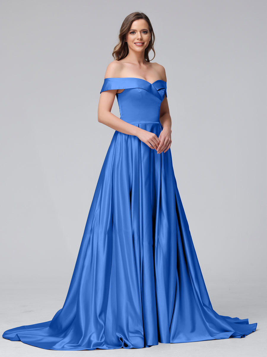 Vestidos de Noite Longos de Cetim com Ombros Largos e Corte A com Laterais Divididas e Bolsos
