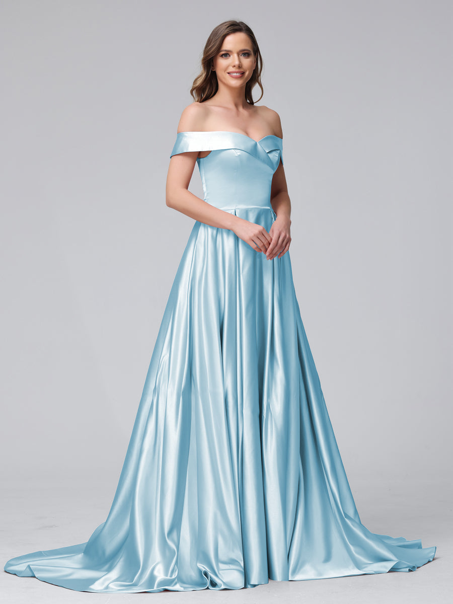 Vestidos de Noite Longos de Cetim com Ombros Largos e Corte A com Laterais Divididas e Bolsos