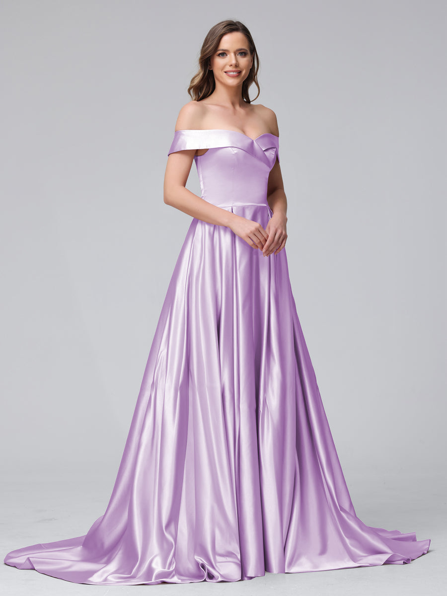 Vestidos de Noite Longos de Cetim com Ombros Largos e Corte A com Laterais Divididas e Bolsos