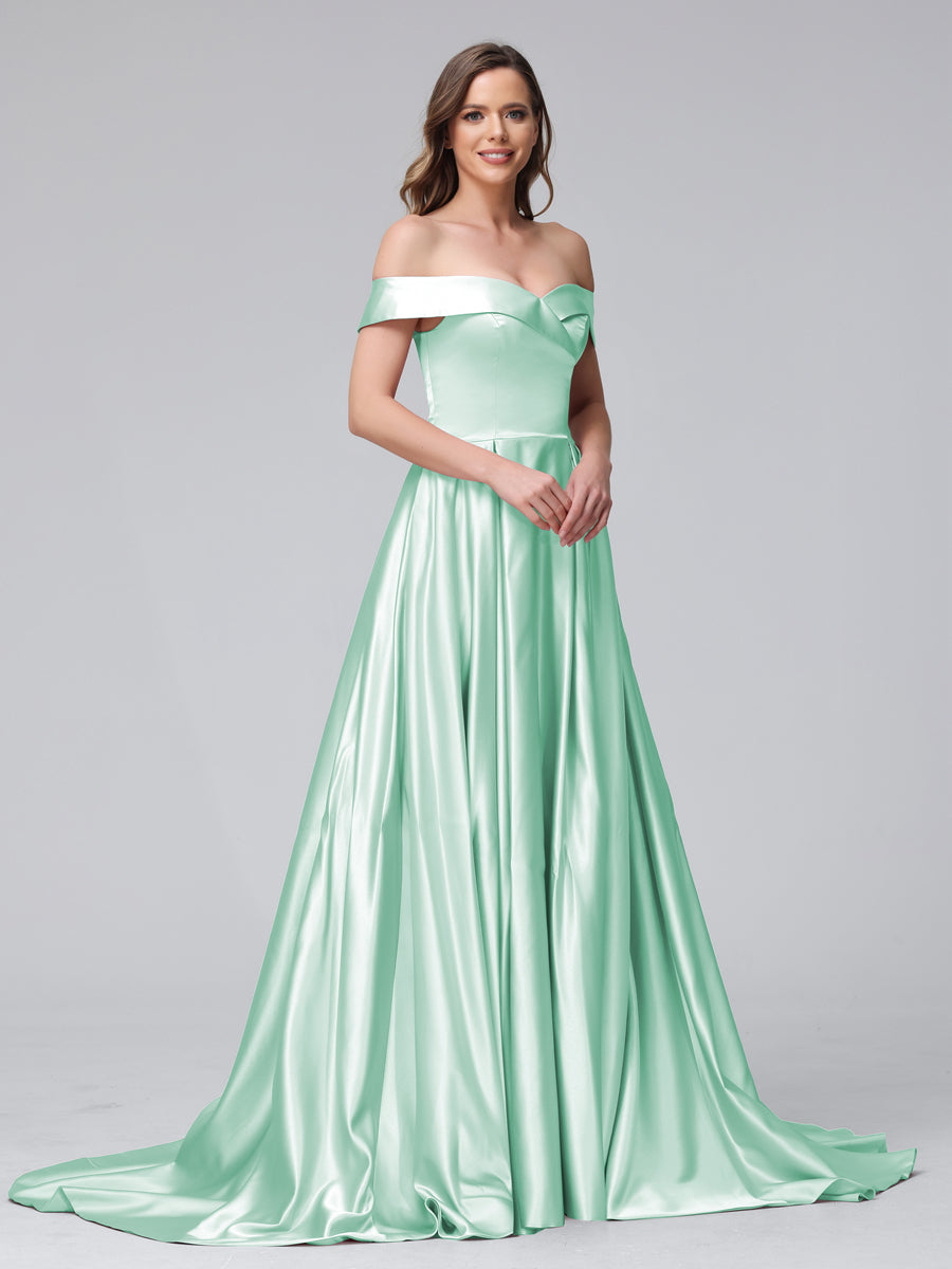 Vestidos de Noite Longos de Cetim com Ombros Largos e Corte A com Laterais Divididas e Bolsos