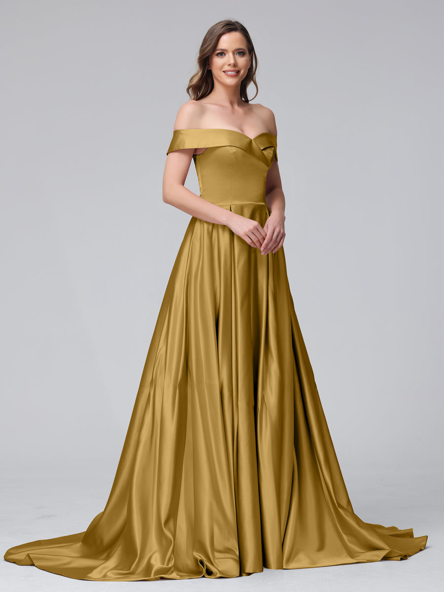 Vestidos de Noite Longos de Cetim com Ombros Largos e Corte A com Laterais Divididas e Bolsos