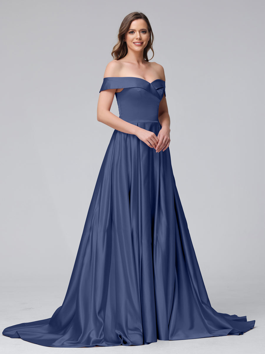 Vestidos de Noite Longos de Cetim com Ombros Largos e Corte A com Laterais Divididas e Bolsos