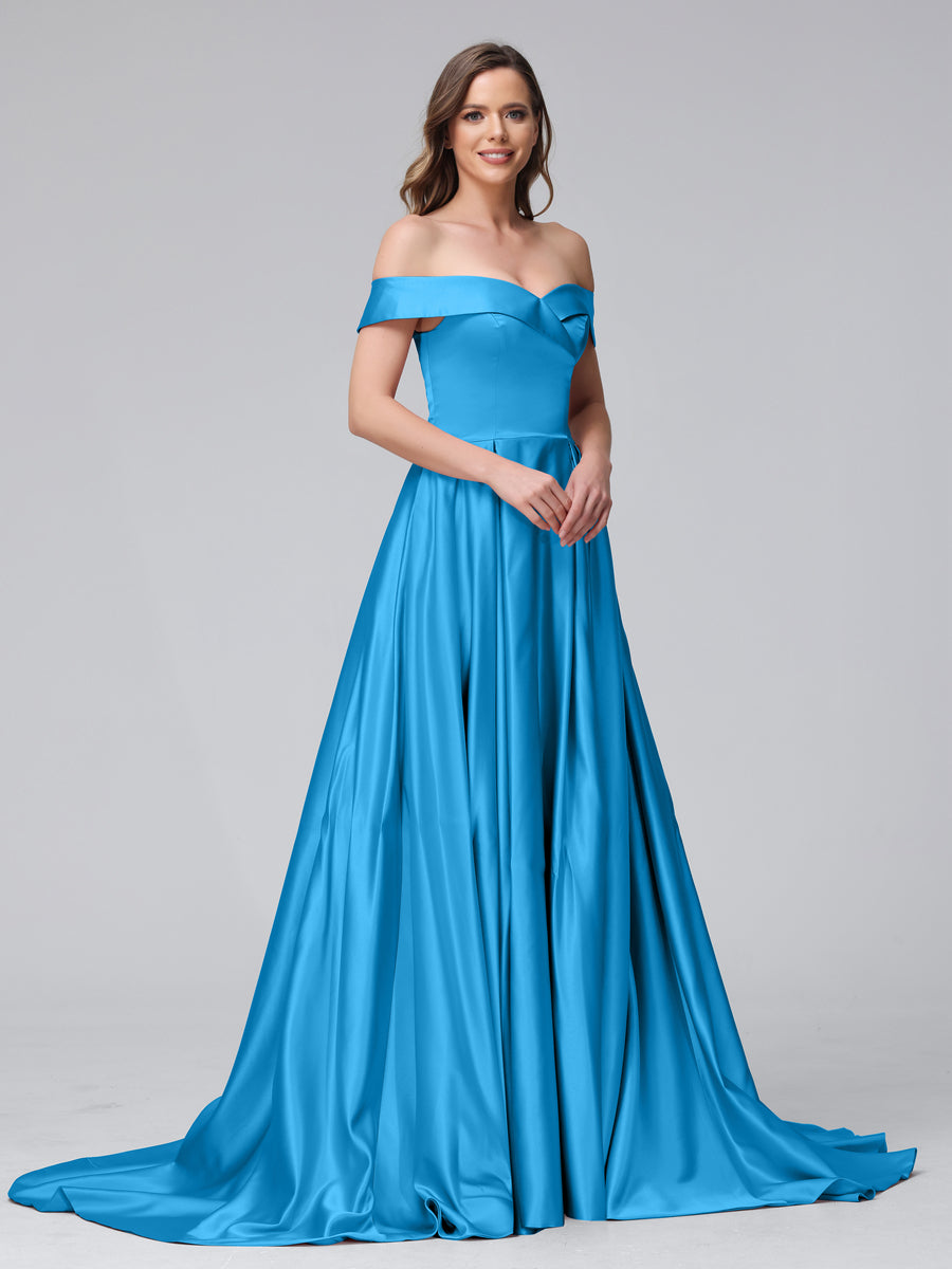 Vestidos de Noite Longos de Cetim com Ombros Largos e Corte A com Laterais Divididas e Bolsos