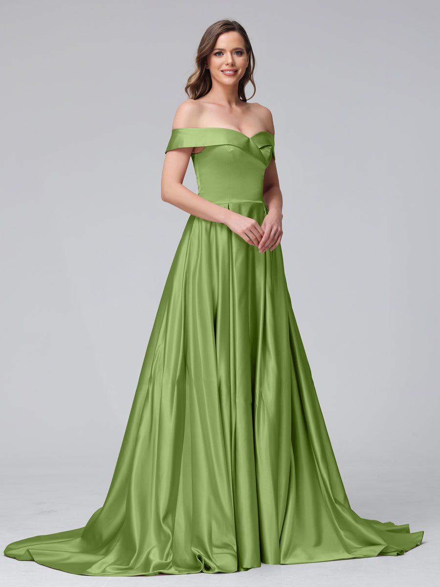 Vestidos de Noite Longos de Cetim com Ombros Largos e Corte A com Laterais Divididas e Bolsos