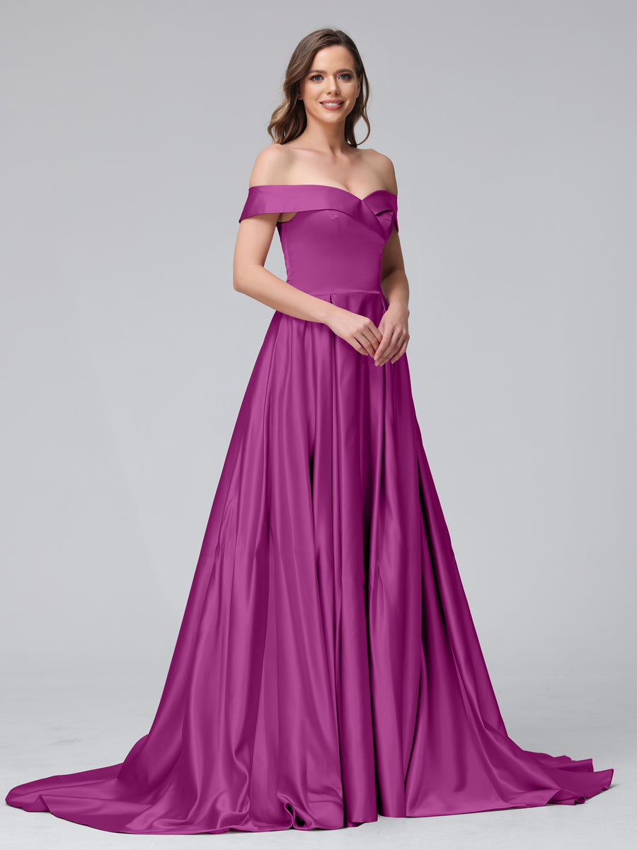 Vestidos de Noite Longos de Cetim com Ombros Largos e Corte A com Laterais Divididas e Bolsos
