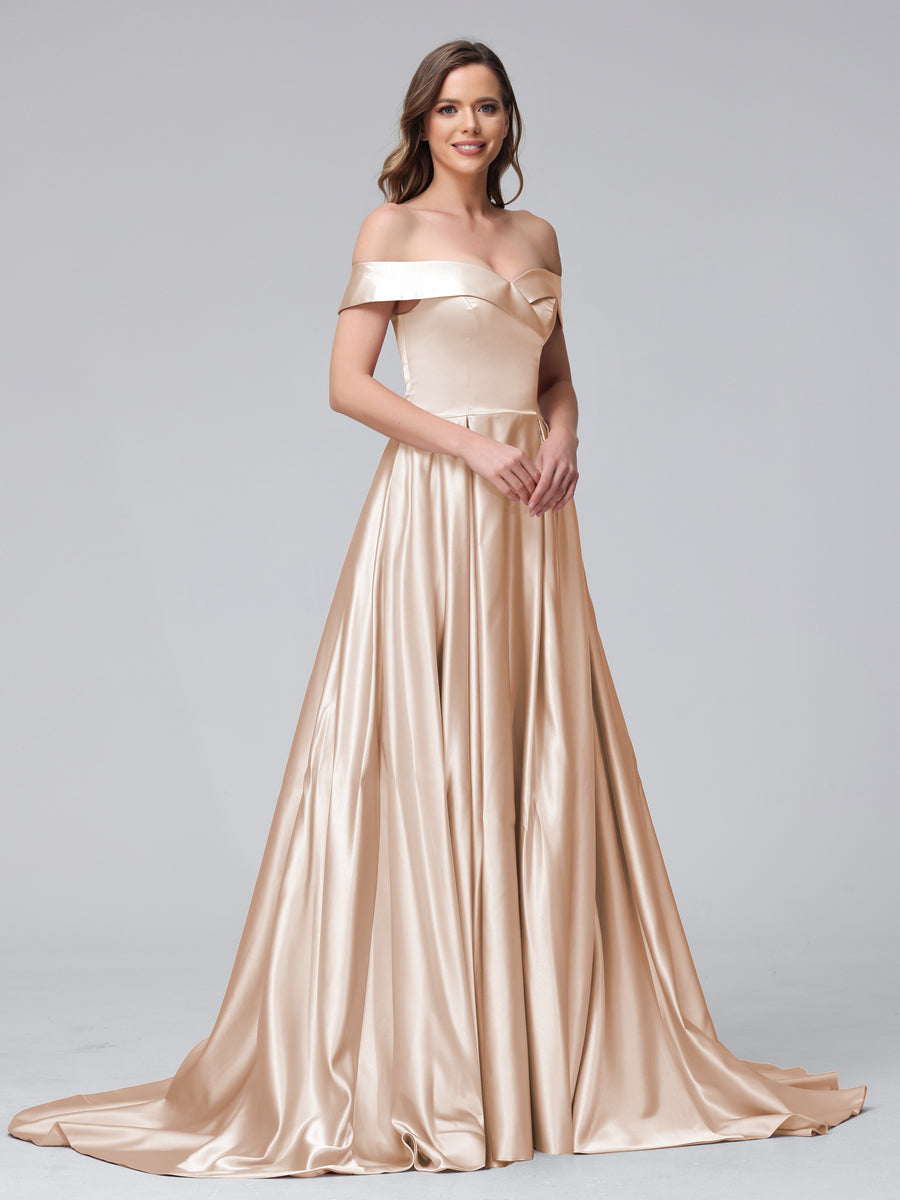 Vestidos de Noite Longos de Cetim com Ombros Largos e Corte A com Laterais Divididas e Bolsos