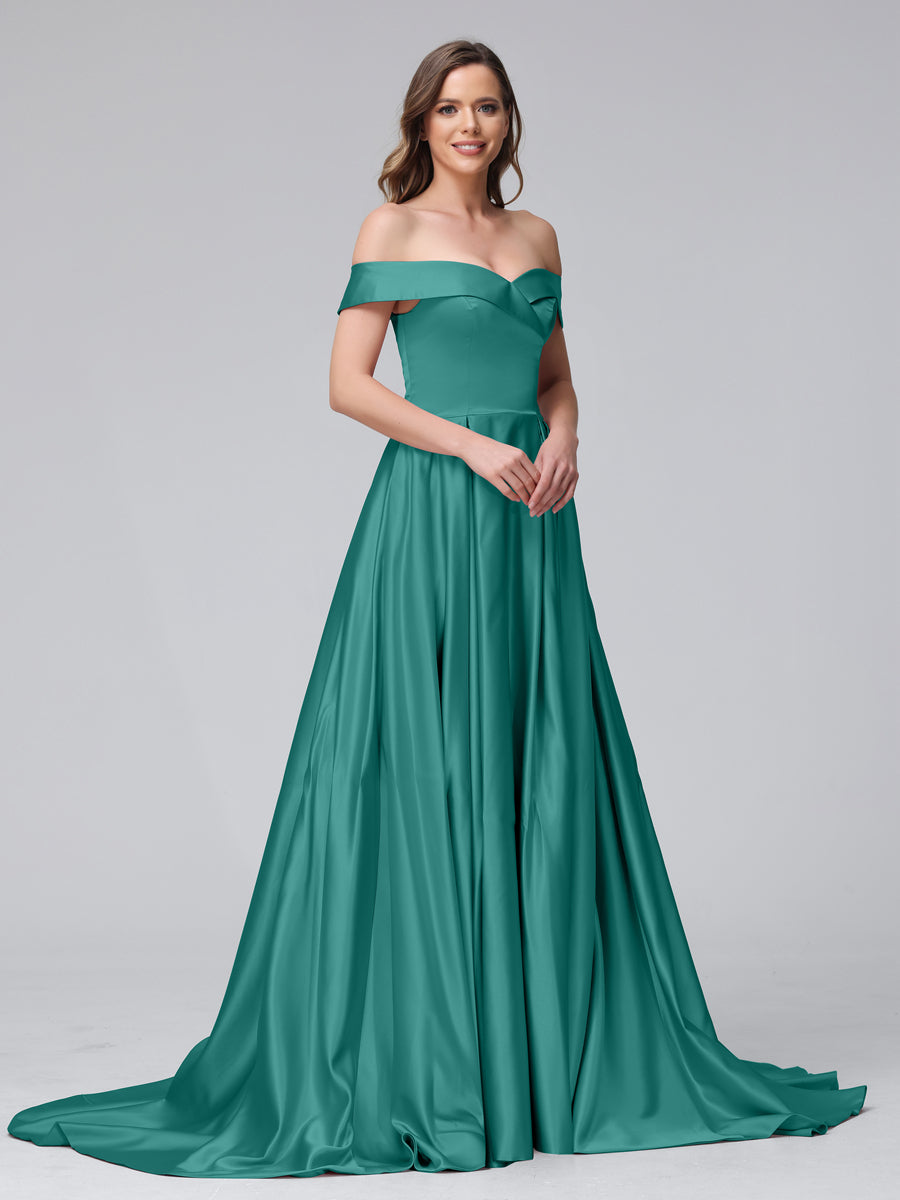 Vestidos de Noite Longos de Cetim com Ombros Largos e Corte A com Laterais Divididas e Bolsos