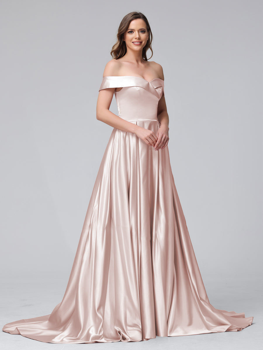 Vestidos de Noite Longos de Cetim com Ombros Largos e Corte A com Laterais Divididas e Bolsos