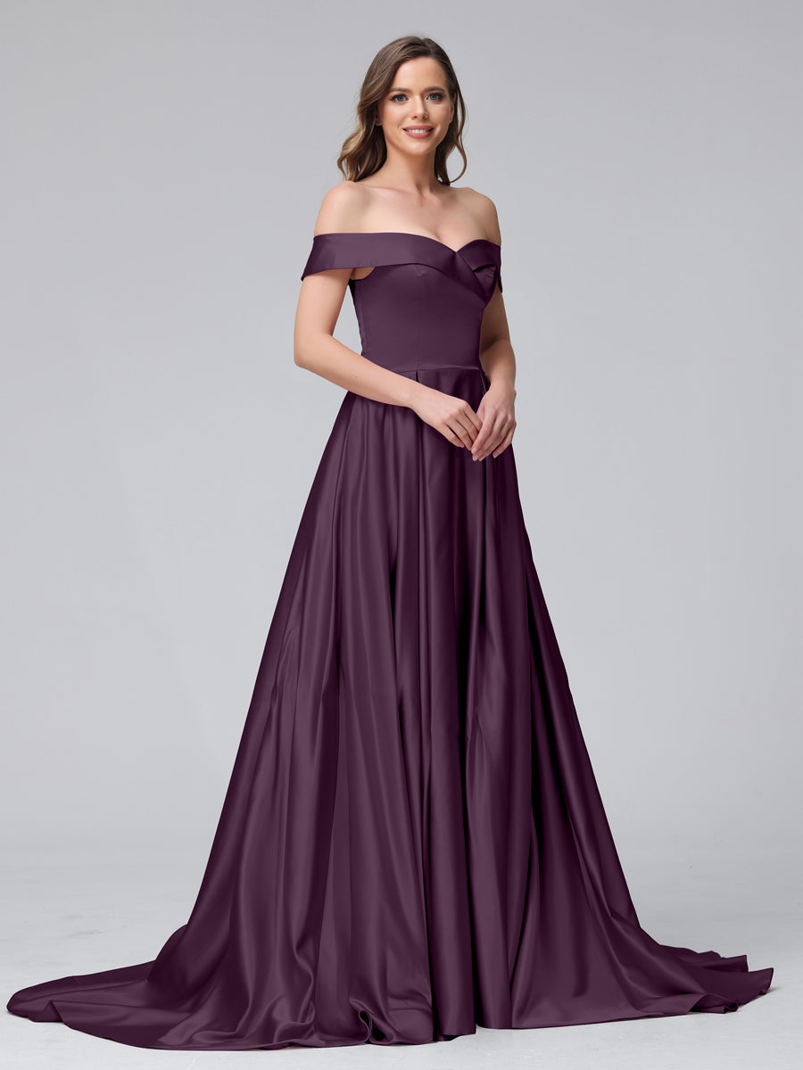 Vestidos de Noite Longos de Cetim com Ombros Largos e Corte A com Laterais Divididas e Bolsos