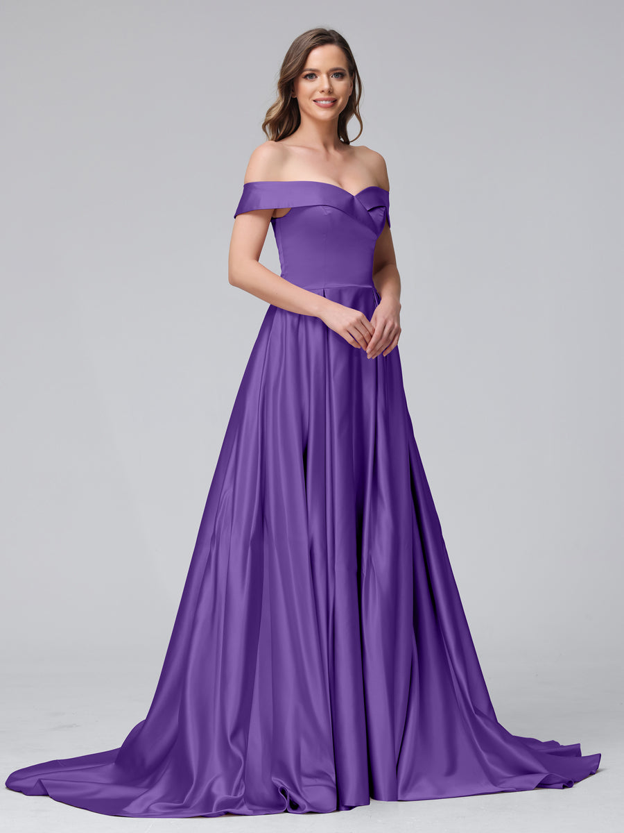 Vestidos de Noite Longos de Cetim com Ombros Largos e Corte A com Laterais Divididas e Bolsos