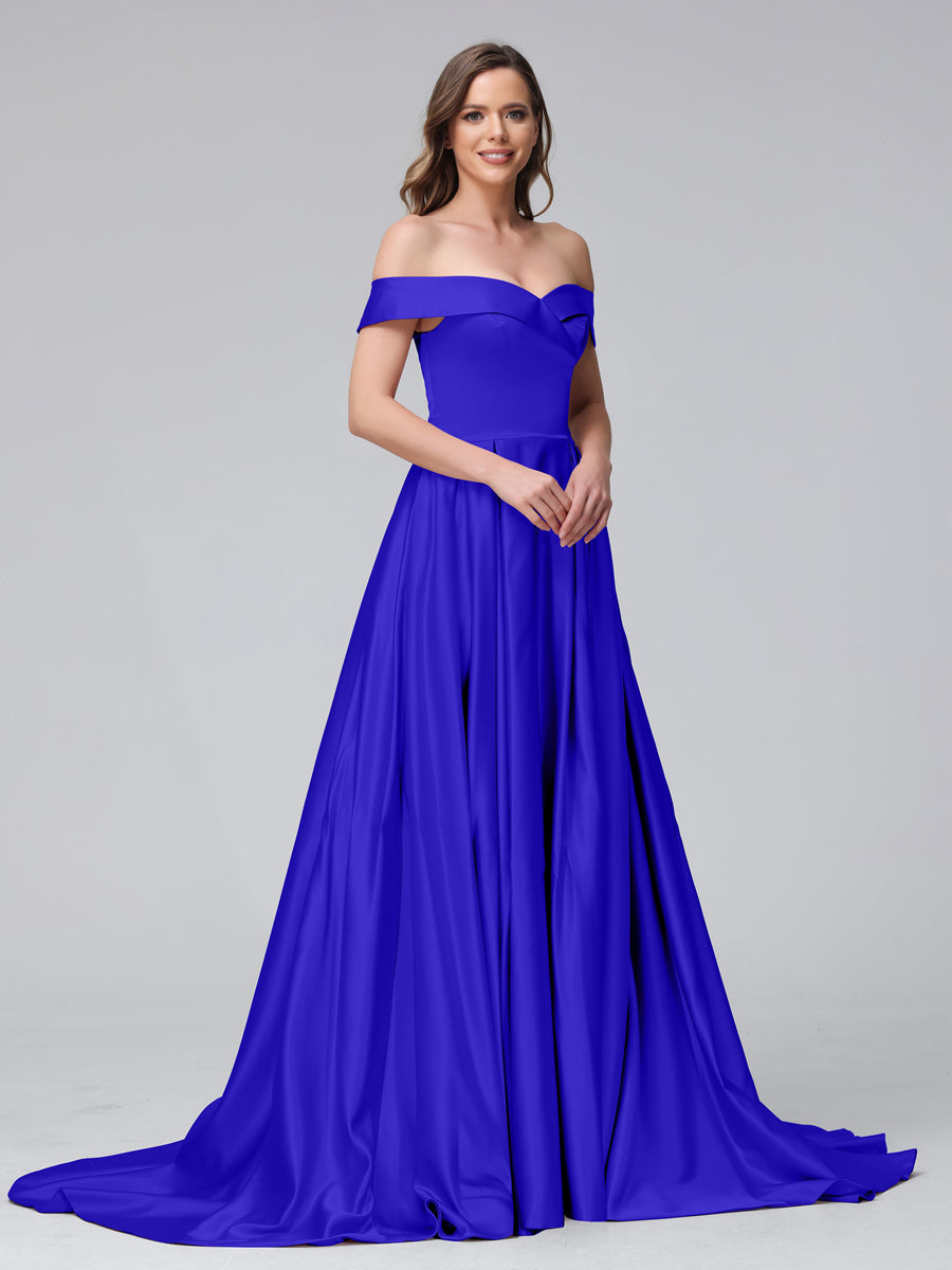Vestidos de Noite Longos de Cetim com Ombros Largos e Corte A com Laterais Divididas e Bolsos