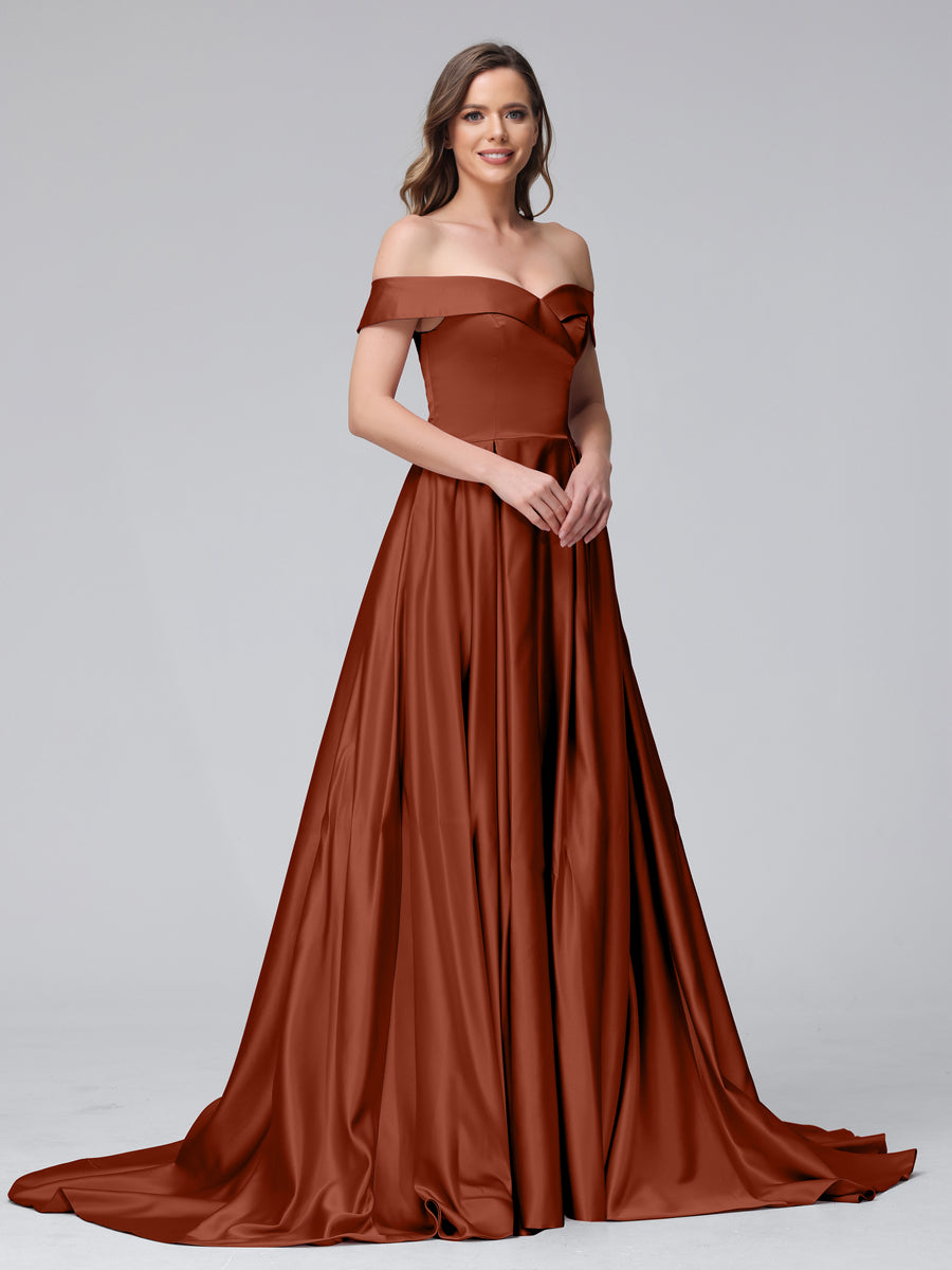 Vestidos de Noite Longos de Cetim com Ombros Largos e Corte A com Laterais Divididas e Bolsos