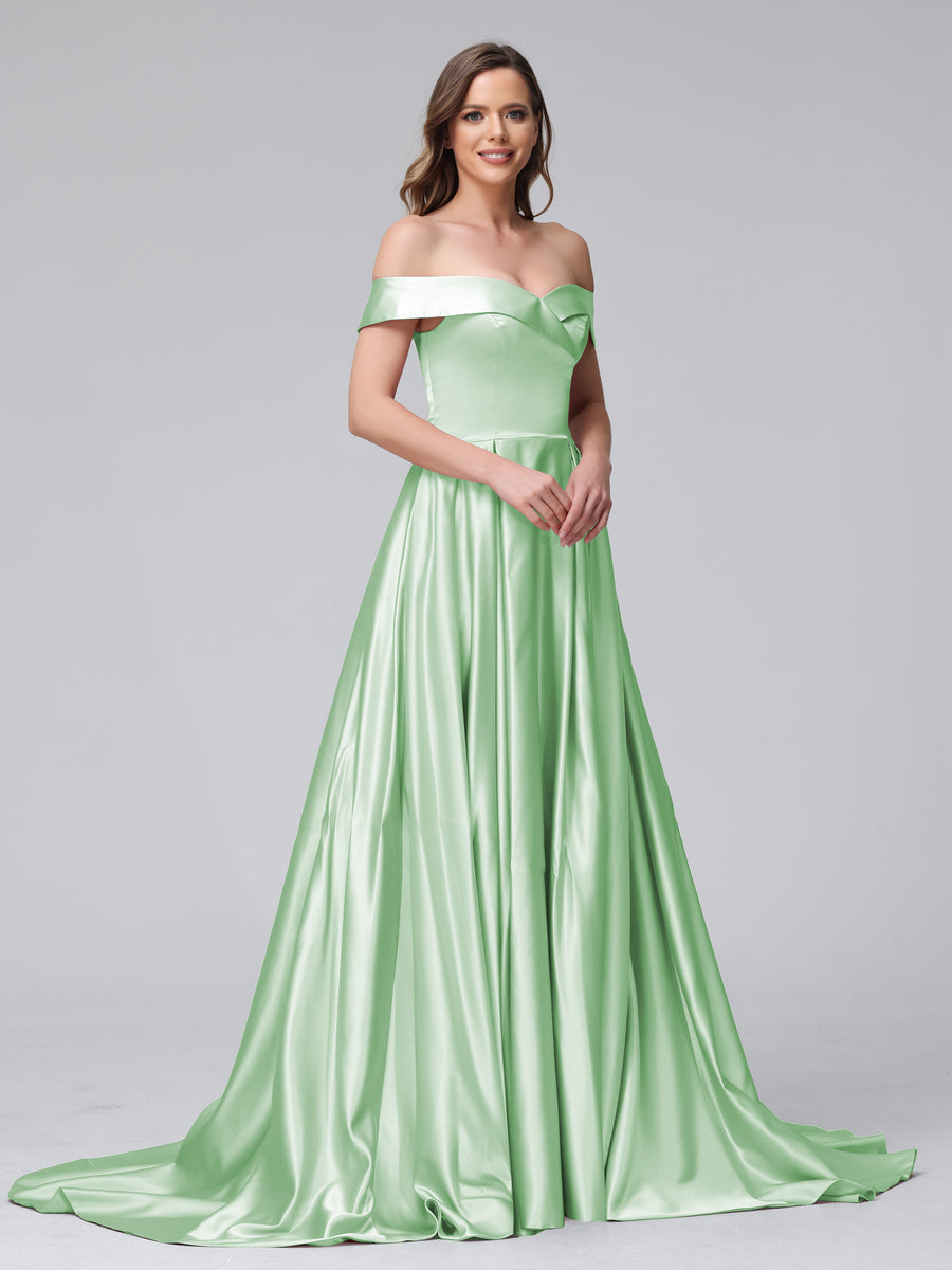 Vestidos de Noite Longos de Cetim com Ombros Largos e Corte A com Laterais Divididas e Bolsos