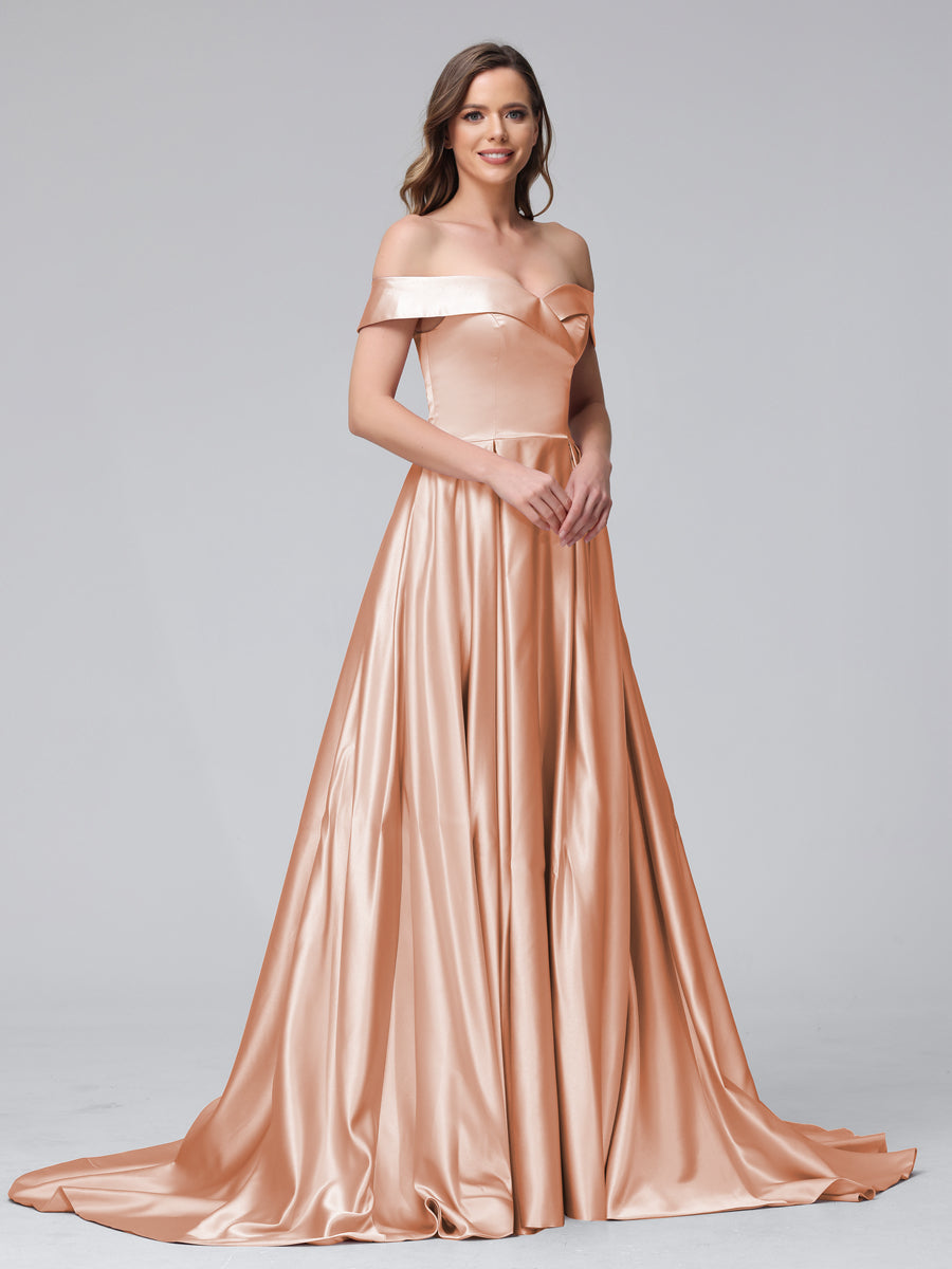 Vestidos de Noite Longos de Cetim com Ombros Largos e Corte A com Laterais Divididas e Bolsos