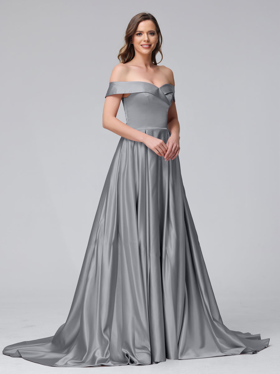Vestidos de Noite Longos de Cetim com Ombros Largos e Corte A com Laterais Divididas e Bolsos
