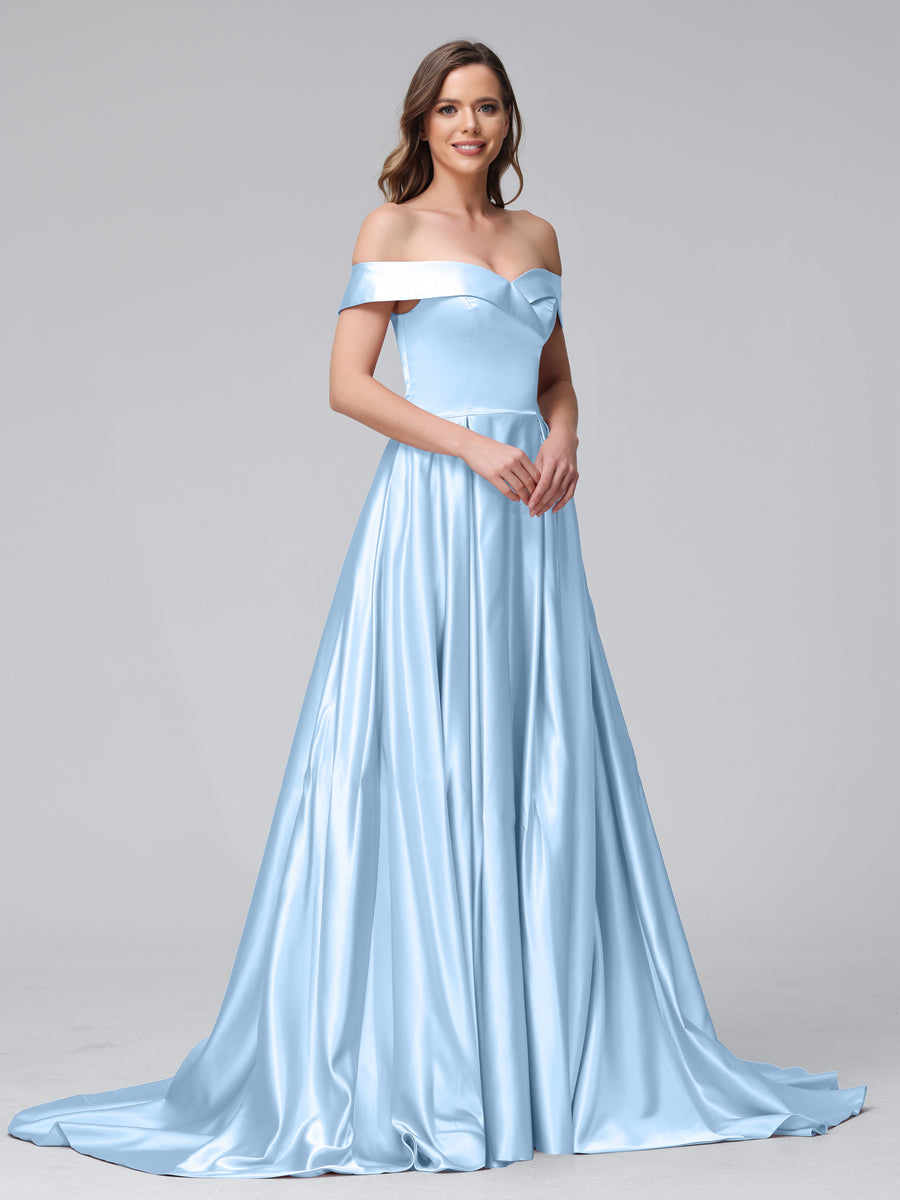 Vestidos de Noite Longos de Cetim com Ombros Largos e Corte A com Laterais Divididas e Bolsos