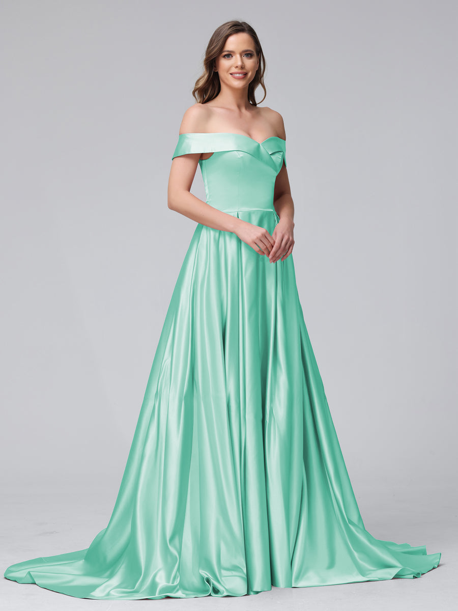 Vestidos de Noite Longos de Cetim com Ombros Largos e Corte A com Laterais Divididas e Bolsos