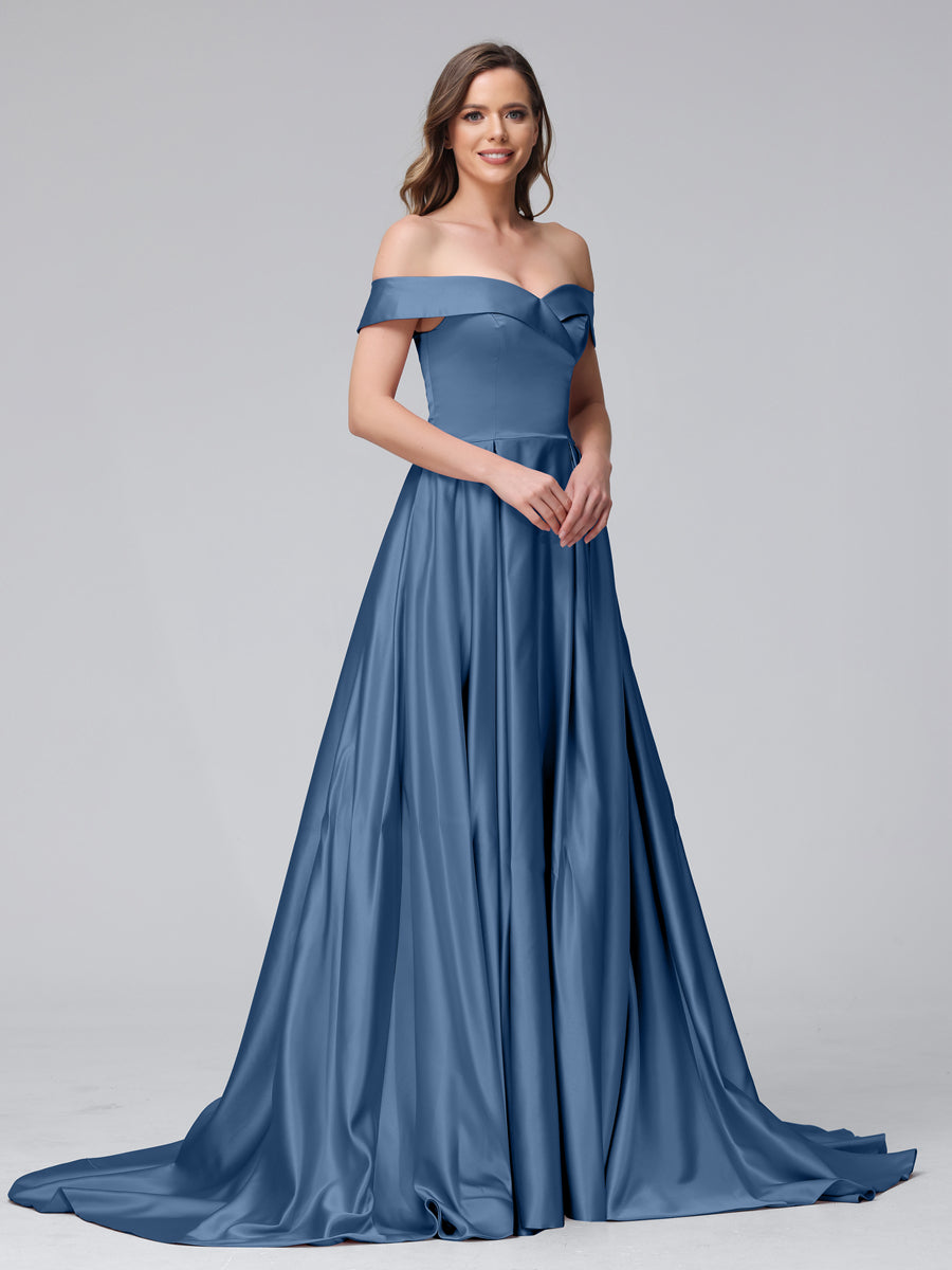 Vestidos de Noite Longos de Cetim com Ombros Largos e Corte A com Laterais Divididas e Bolsos