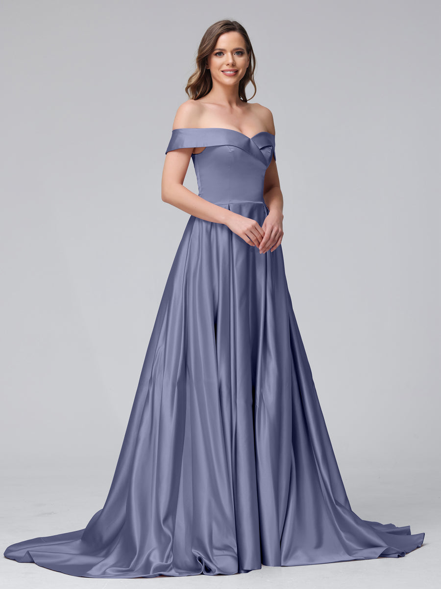 Vestidos de Noite Longos de Cetim com Ombros Largos e Corte A com Laterais Divididas e Bolsos