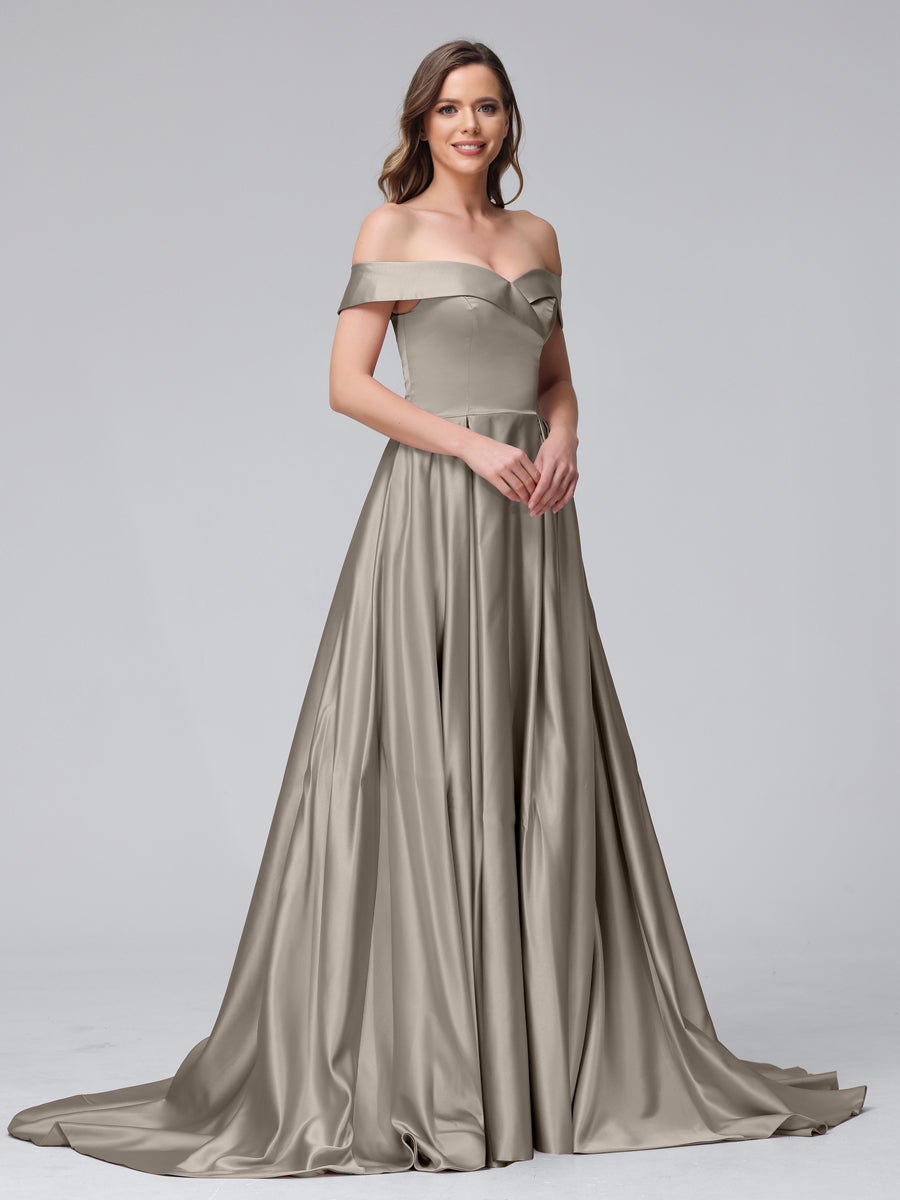 Vestidos de Noite Longos de Cetim com Ombros Largos e Corte A com Laterais Divididas e Bolsos