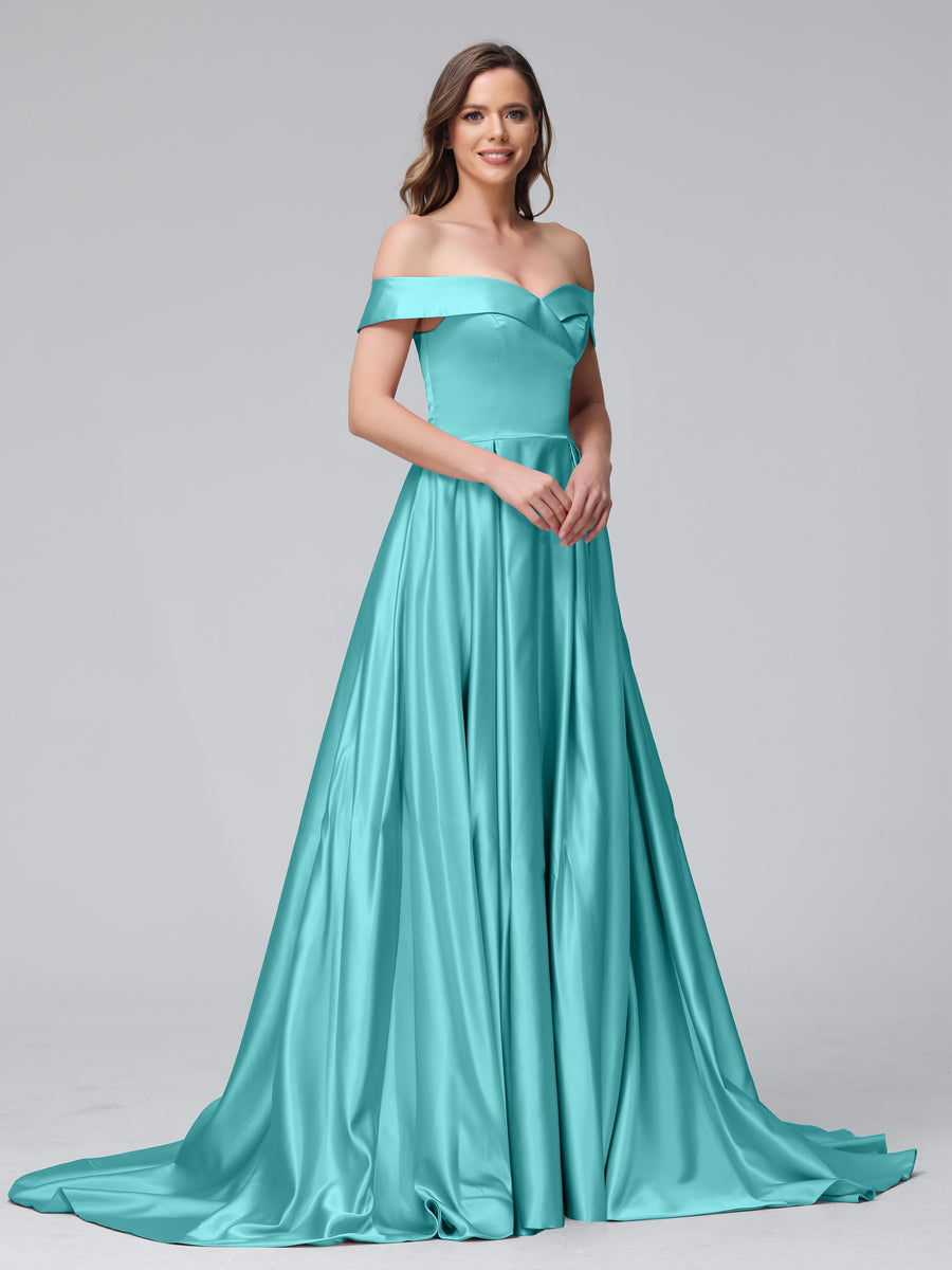 Vestidos de Noite Longos de Cetim com Ombros Largos e Corte A com Laterais Divididas e Bolsos