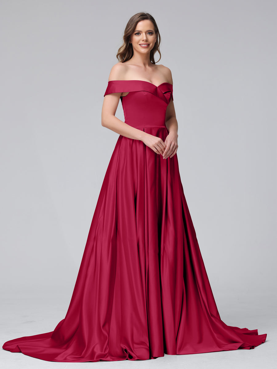 Vestidos de Noite Longos de Cetim com Ombros Largos e Corte A com Laterais Divididas e Bolsos