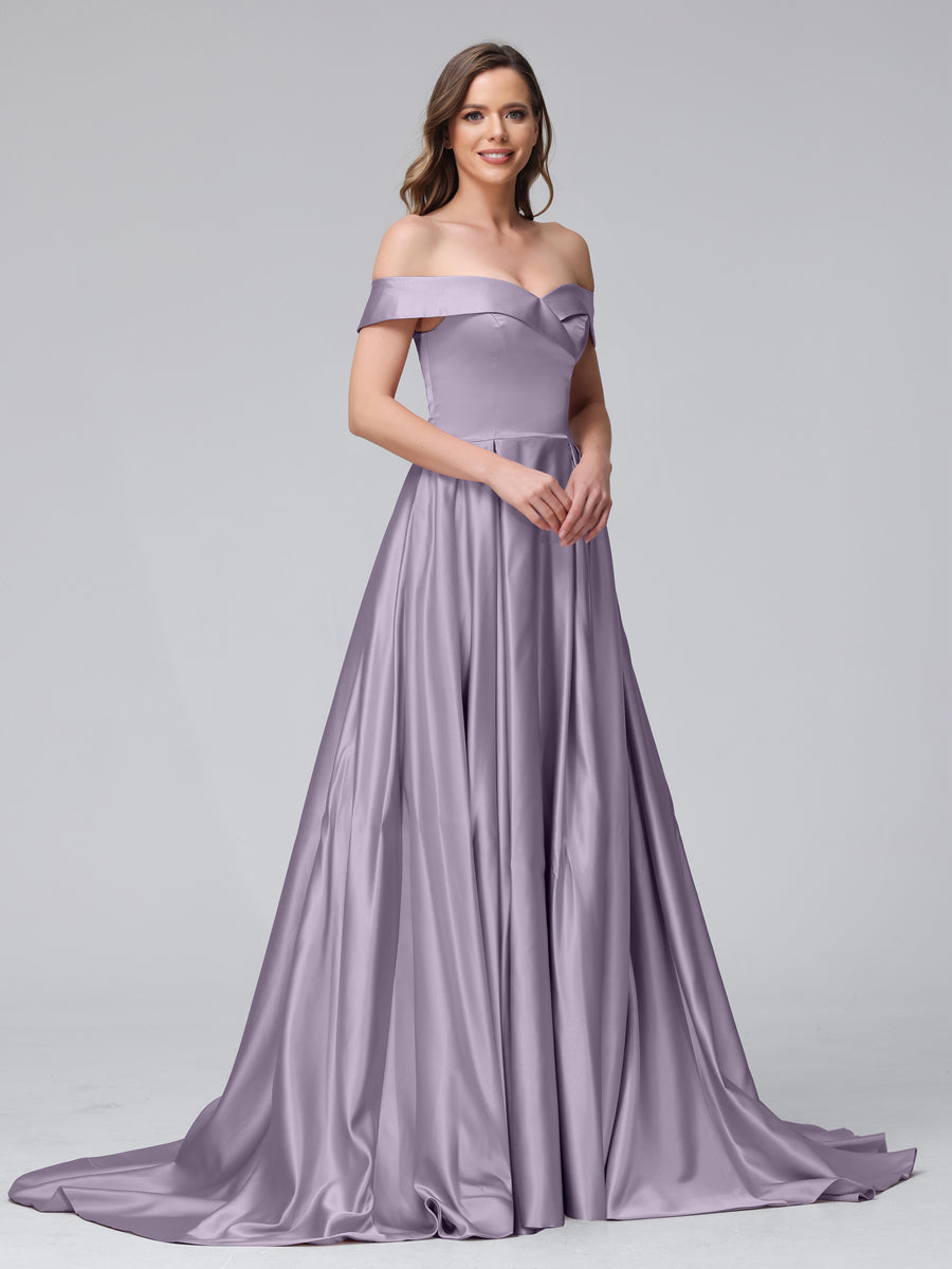 Vestidos de Noite Longos de Cetim com Ombros Largos e Corte A com Laterais Divididas e Bolsos