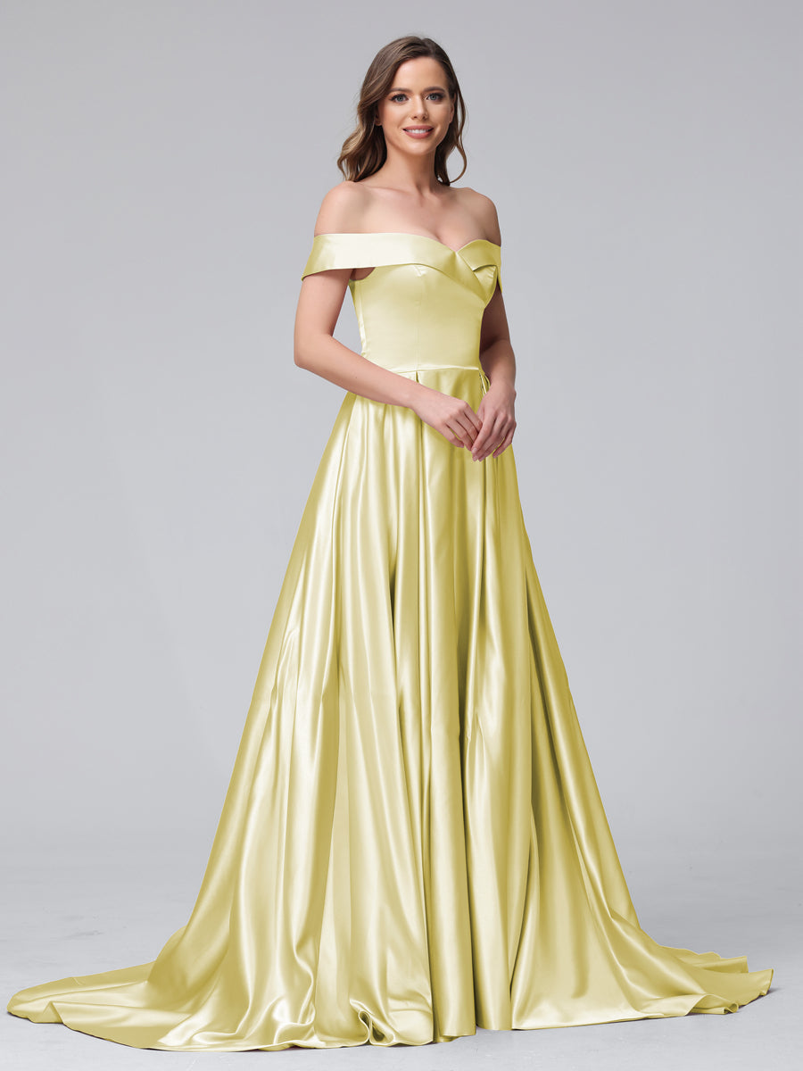 Vestidos de Noite Longos de Cetim com Ombros Largos e Corte A com Laterais Divididas e Bolsos