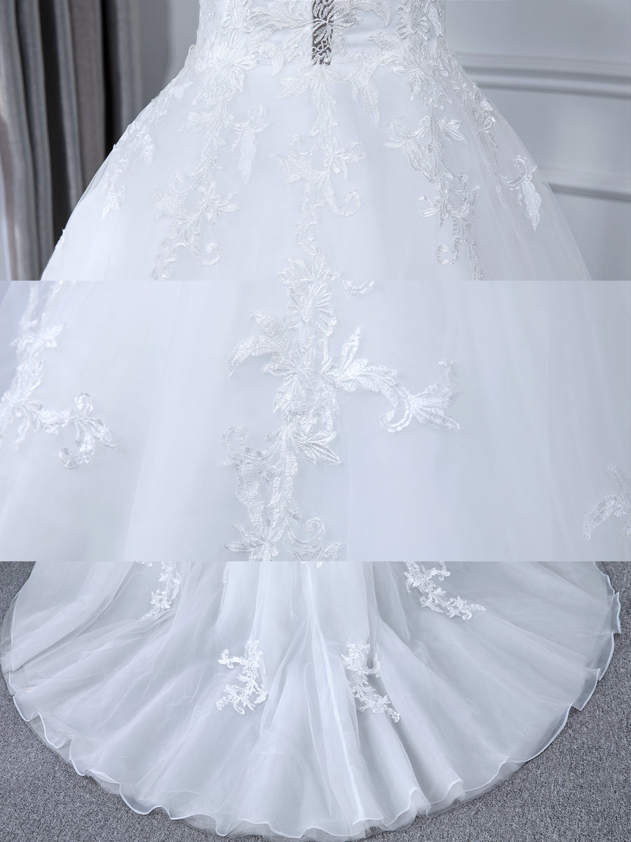 Vestido de Baile de Tule com Decote Transparente Vestidos de Noiva com Mangas Compridas e Apliques