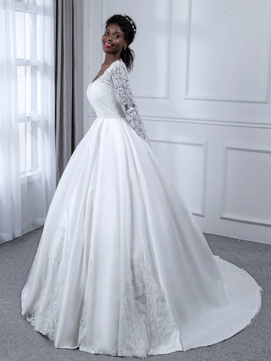 V-Neck Mangas Compridas Vestido de Baile de Renda Vestidos de Casamento com Apliques