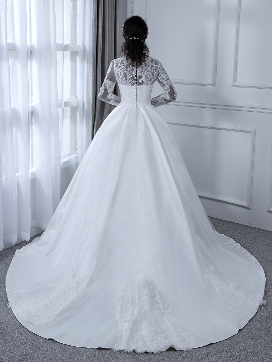 V-Neck Mangas Compridas Vestido de Baile de Renda Vestidos de Casamento com Apliques