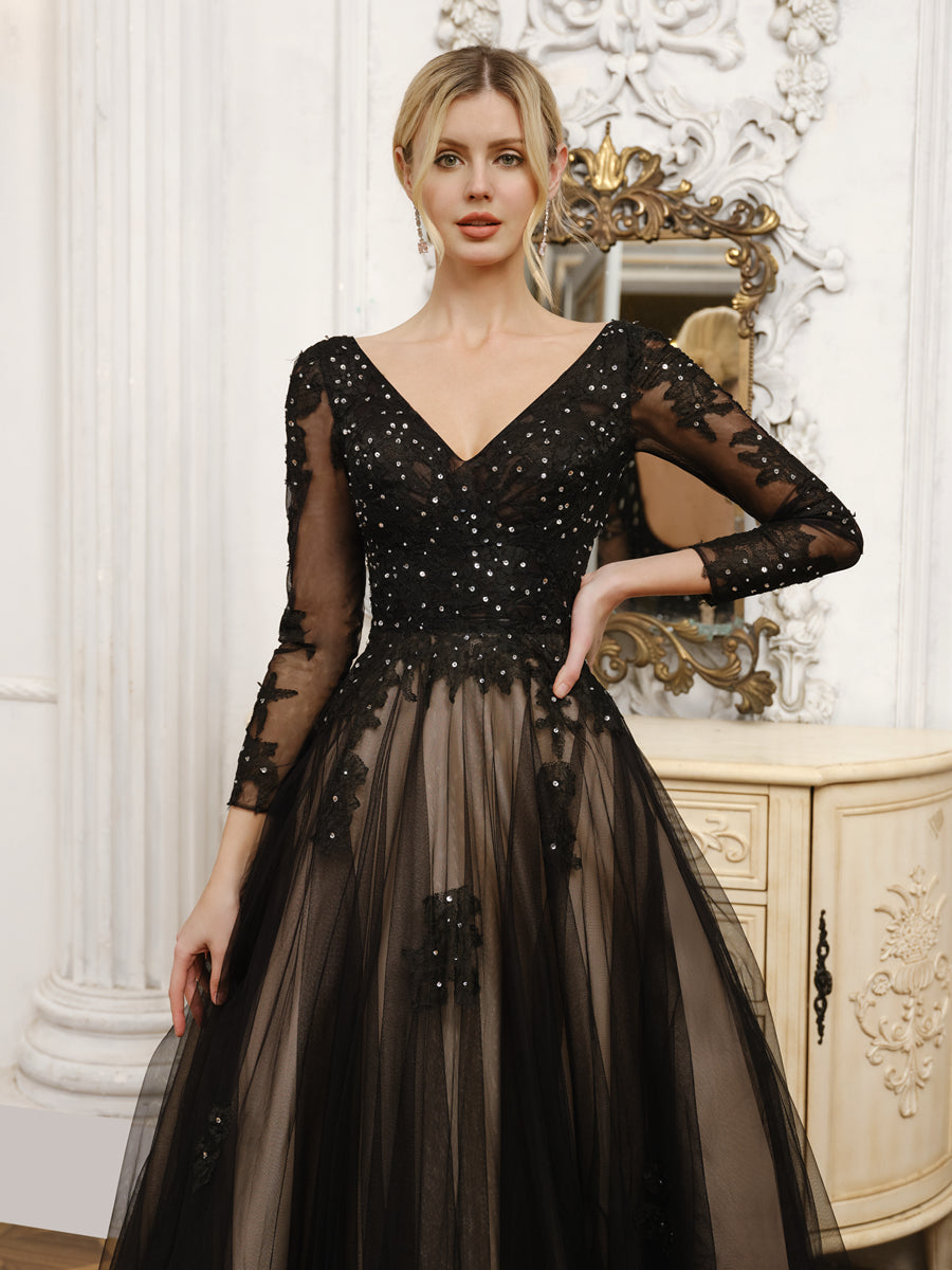 Vestido de Baile de Tule com Decote Em V Vestidos de Noiva com Miçangas e Apliques